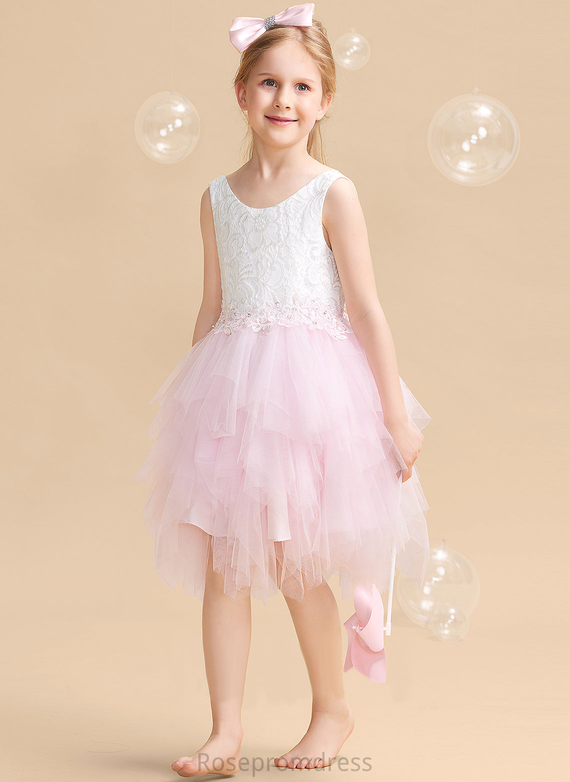 Lace/Beading/Sequins/V Flower Flower Girl Dresses Neck Sleeveless Back With Tulle/Lace Dress Knee-length Quinn Scoop Ball-Gown/Princess Girl