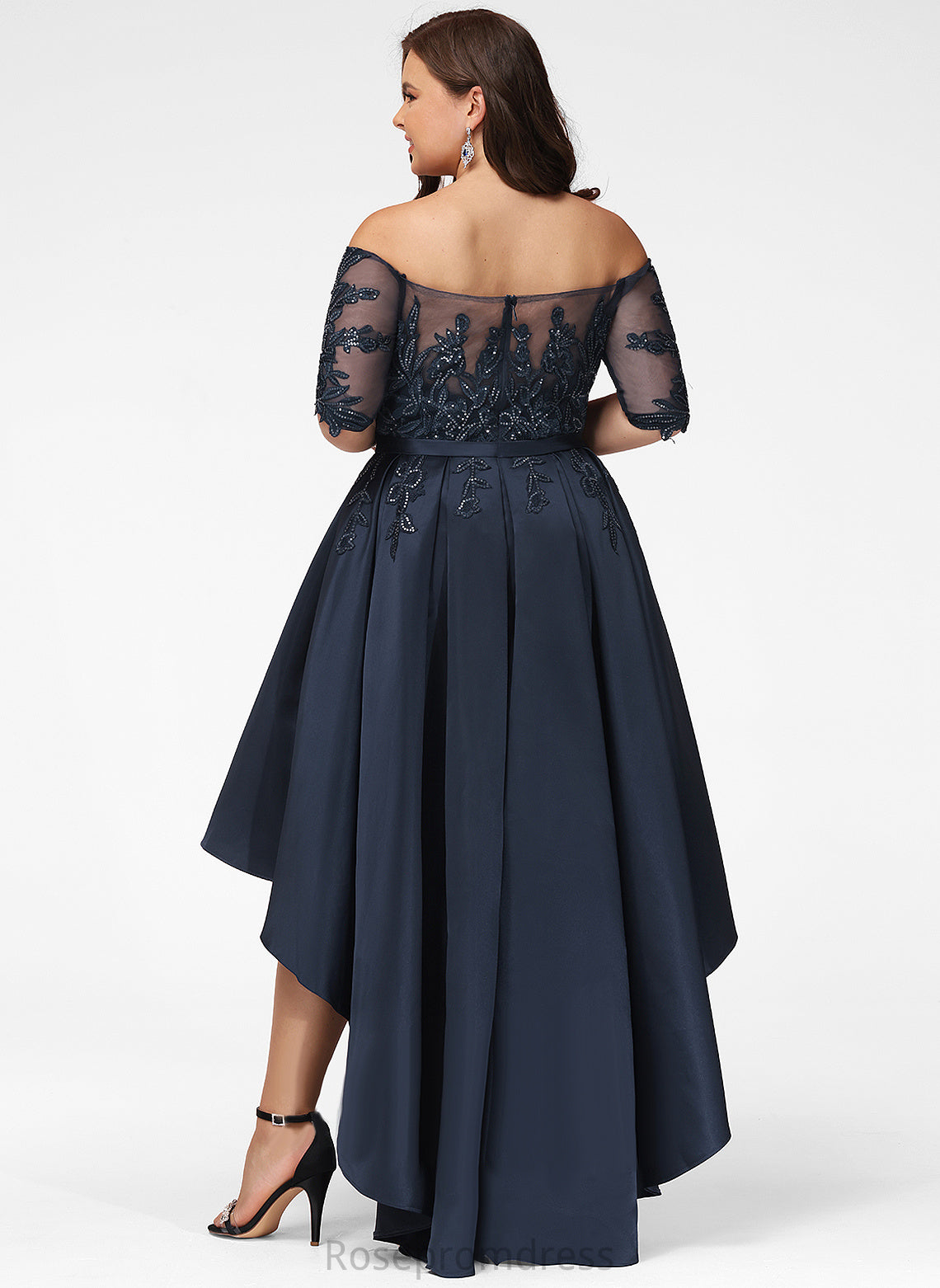 Asymmetrical With Khloe A-Line Sequins Prom Dresses Off-the-Shoulder Lace Satin