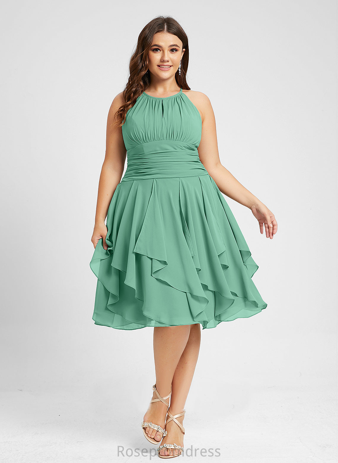 A-Line Dress Chiffon Cocktail Ruffle Ruffles Scoop Neck Knee-Length Viola With Cascading Cocktail Dresses