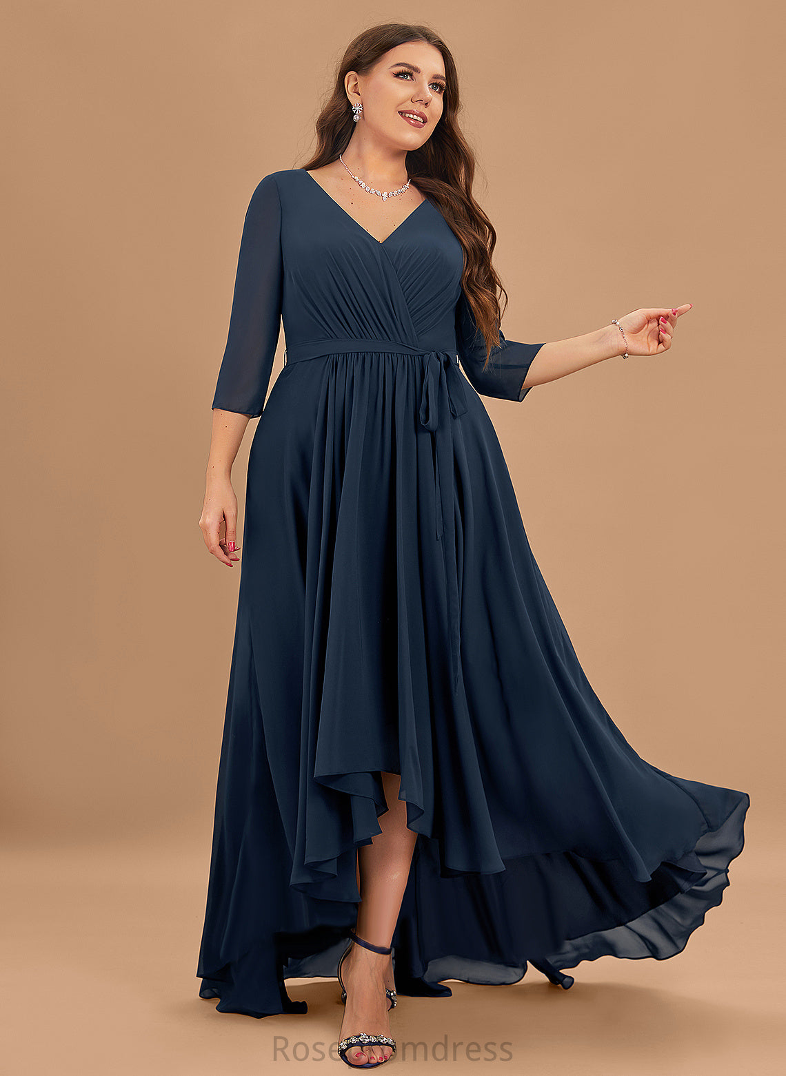 Pleated Length Silhouette V-neck Fabric Asymmetrical Neckline A-Line Embellishment Ashtyn Bridesmaid Dresses