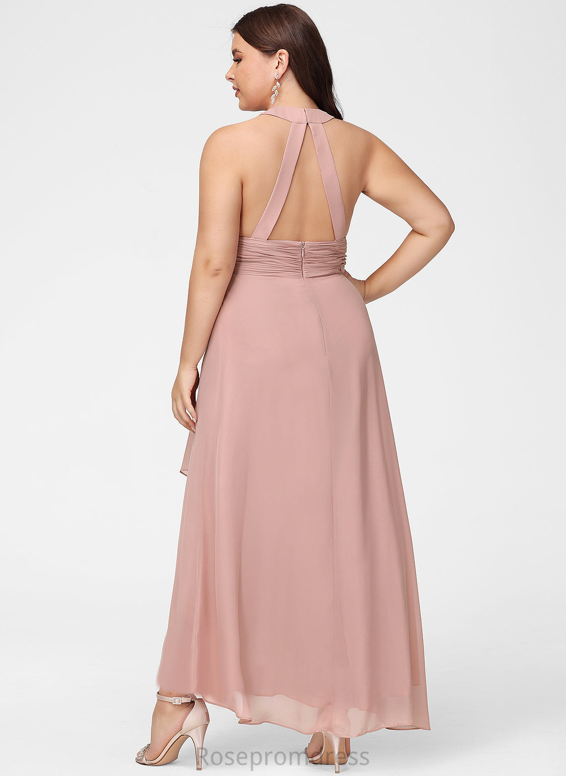 Embellishment V-neck A-Line Length SplitFront Silhouette Asymmetrical Neckline Fabric Haylie Spaghetti Staps Sleeveless Bridesmaid Dresses