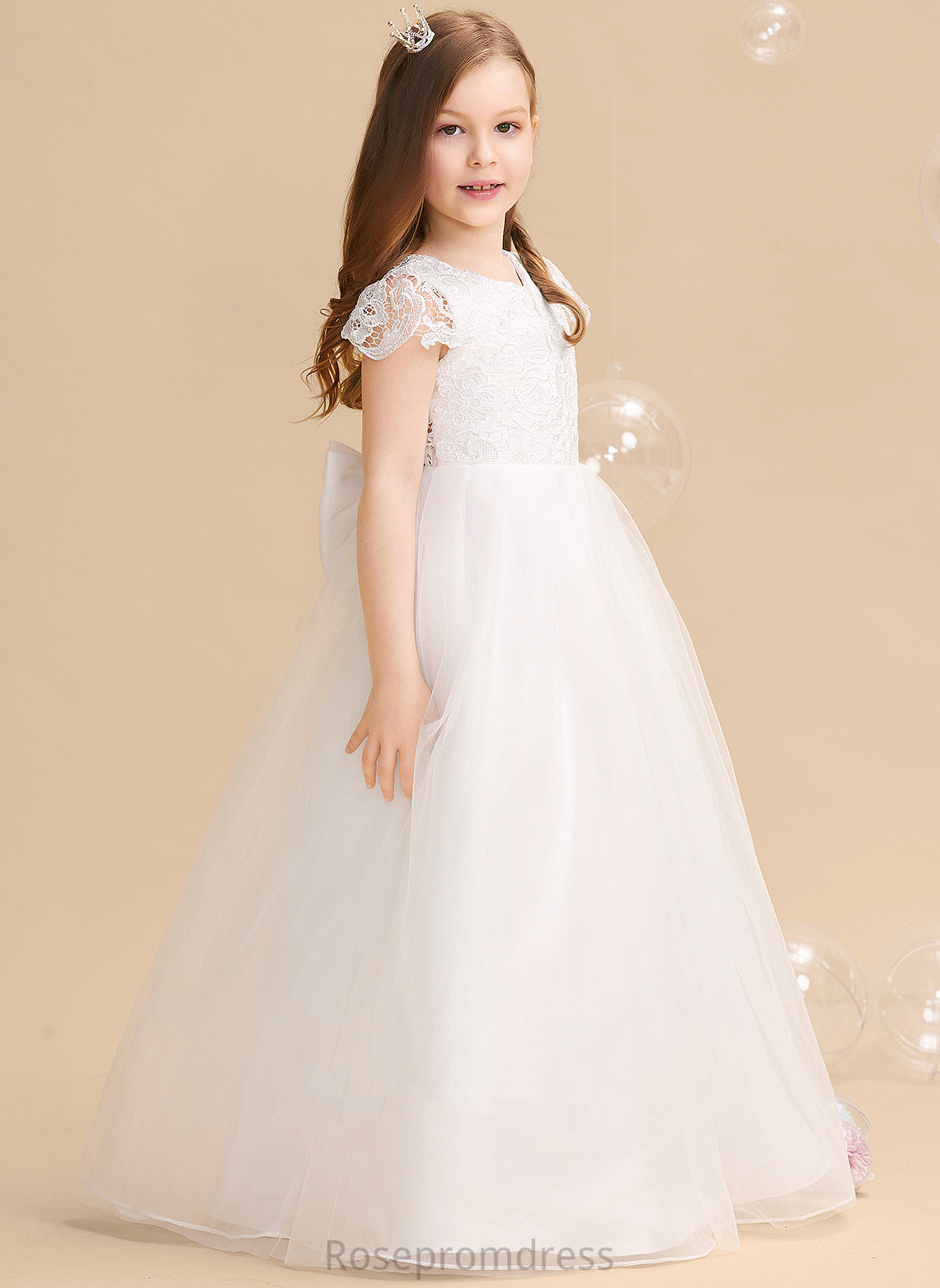 Floor-length Girl Dress Short Neck Tulle/Lace - Bow(s) Flower Ball-Gown/Princess Michaela Scoop Flower Girl Dresses Sleeves With