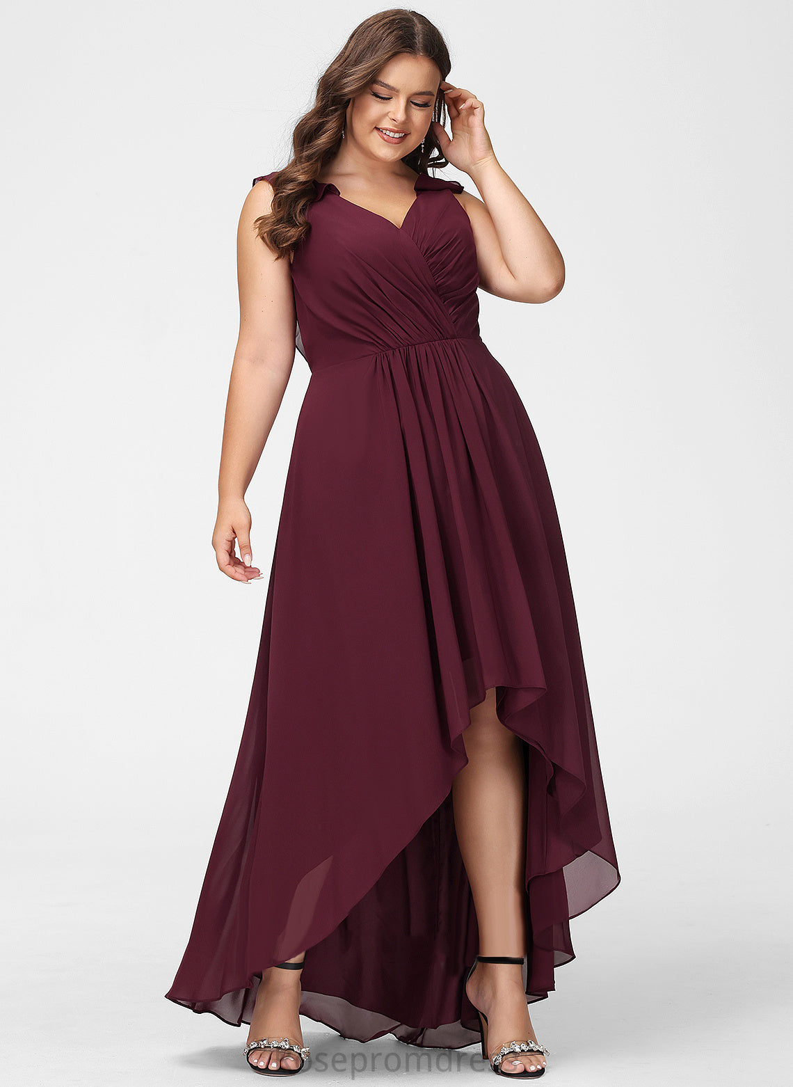 Asymmetrical Ruffle Silhouette Neckline Embellishment Length V-neck A-Line Fabric Mattie Bridesmaid Dresses