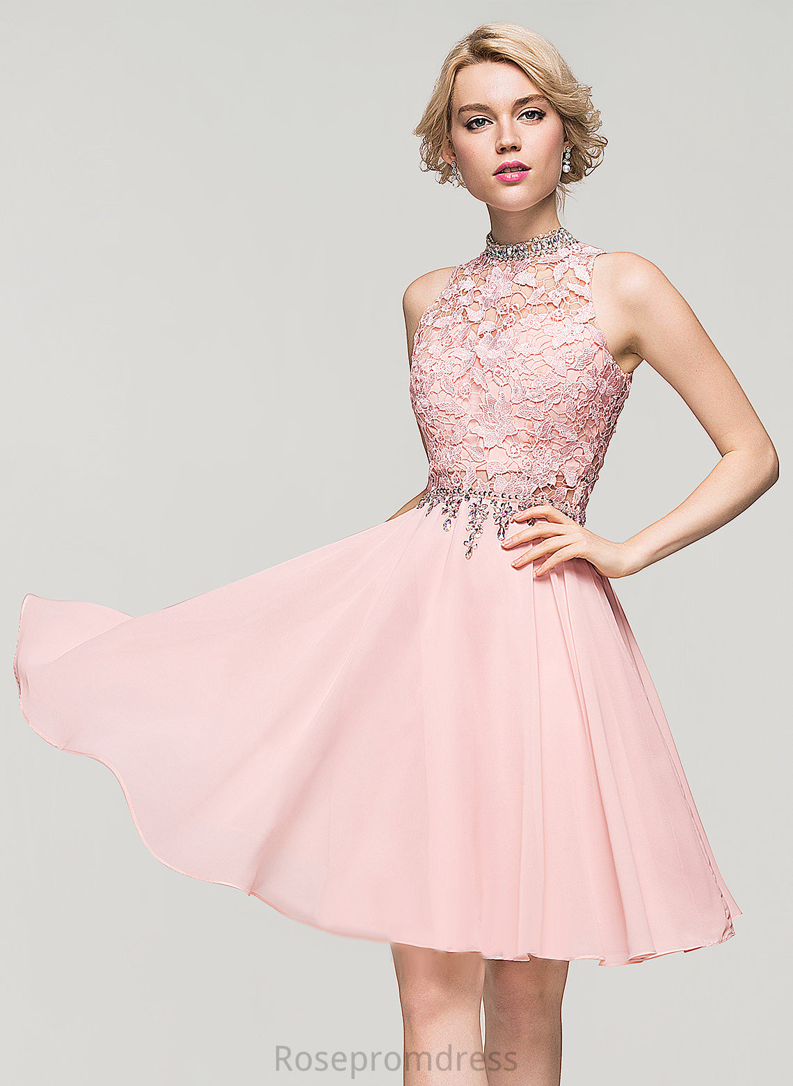 Knee-Length Dress Lace With Sequins Neck A-Line Kaylyn Beading High Chiffon Lace Cocktail Dresses Cocktail