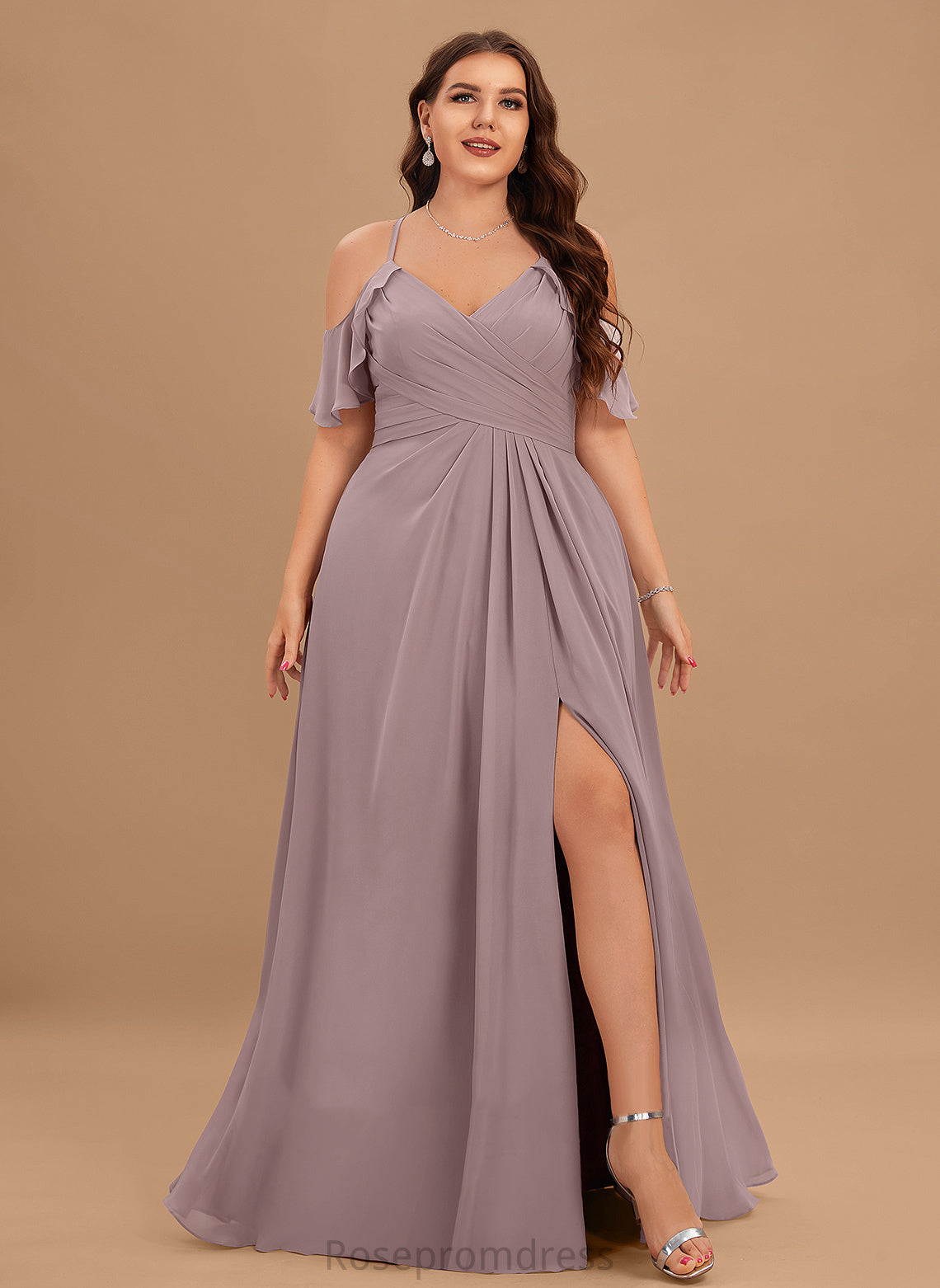 Embellishment Neckline ColdShoulder SplitFront Length Ruffle Floor-Length V-neck CascadingRuffles Silhouette A-Line Fabric Bridesmaid Dresses