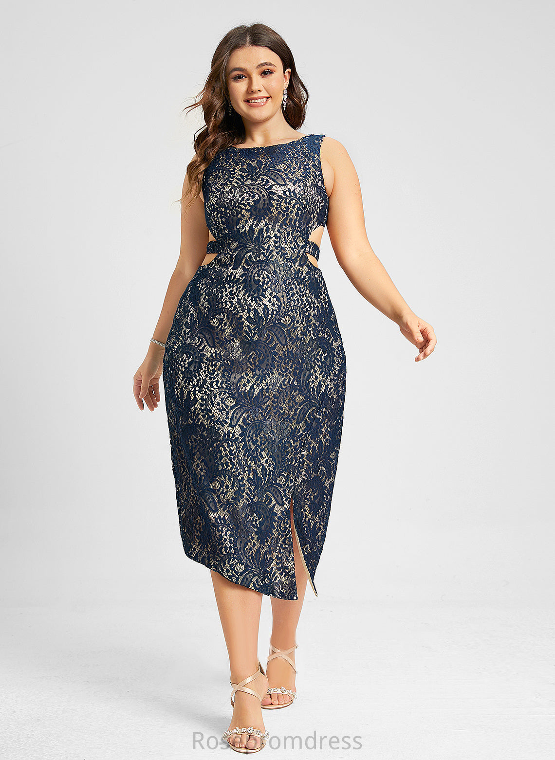 Split Tea-Length Lace Sheath/Column Neck Dress Scoop With Cocktail Dresses Cocktail Martina Front