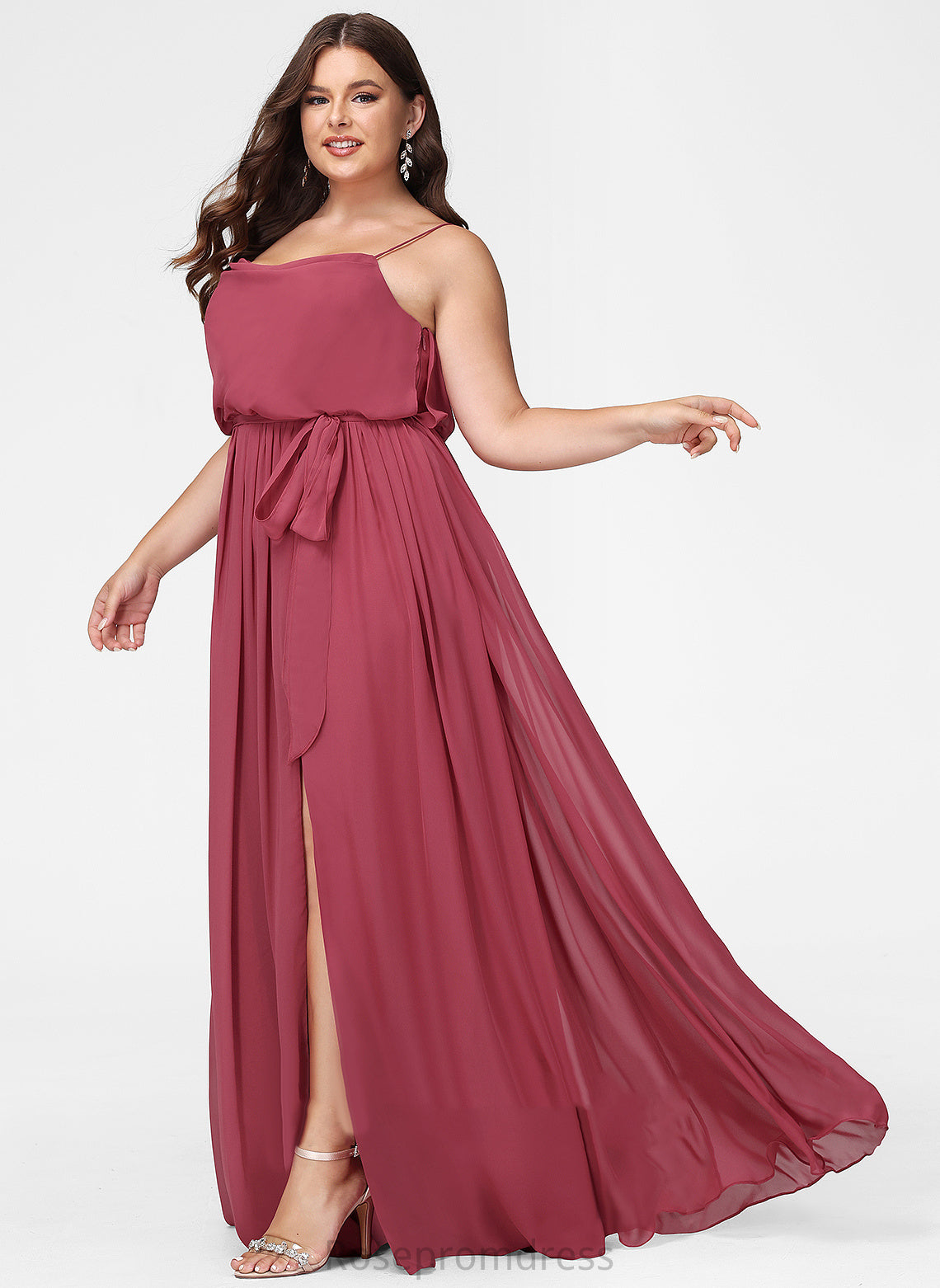 A-Line Silhouette Neckline Ruffle CowlNeck Fabric Length Floor-Length SplitFront Embellishment Adalynn Bridesmaid Dresses