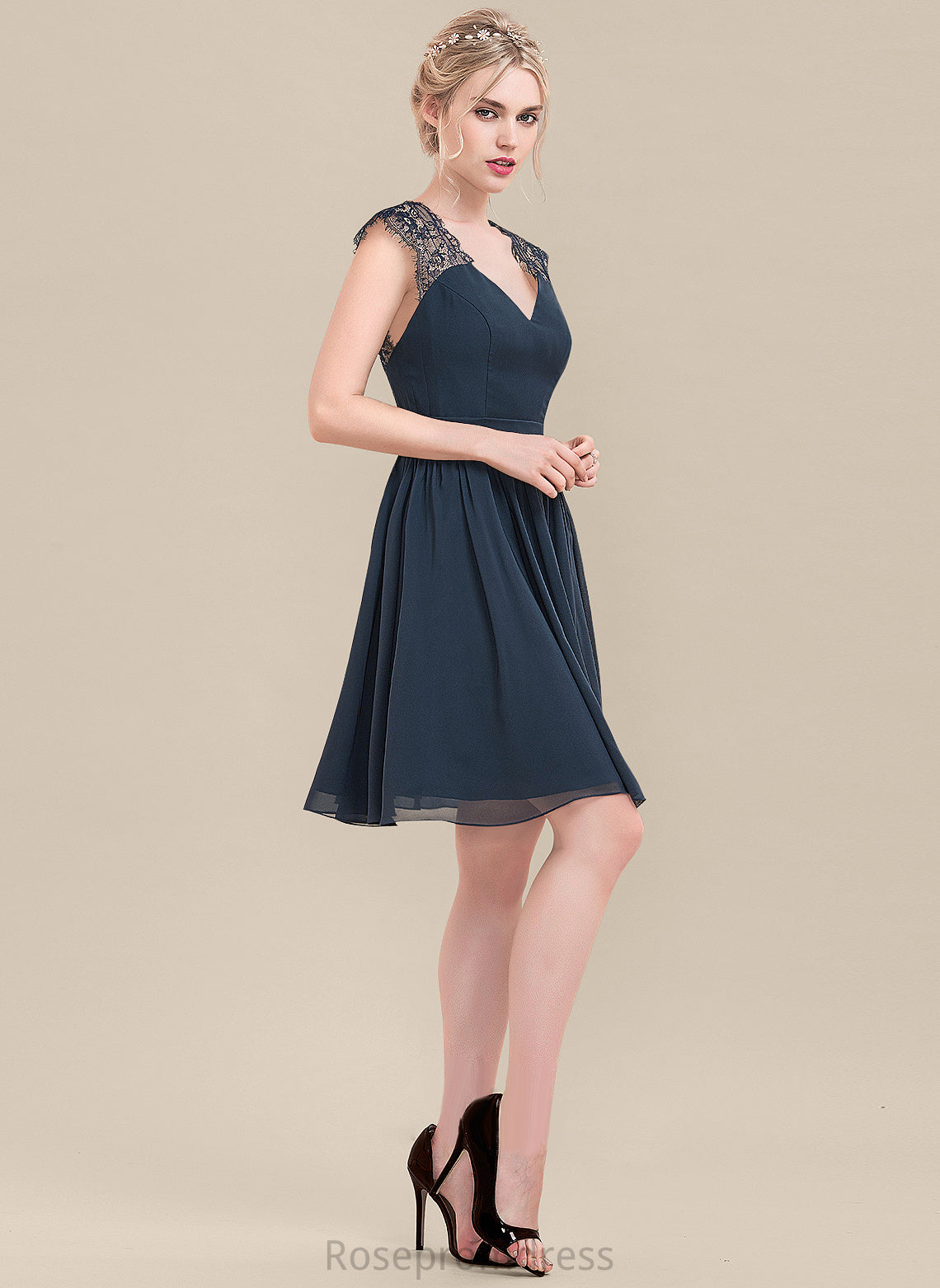 Lace V-neck Dress Knee-Length Cocktail Dresses A-Line Chiffon Alissa Cocktail