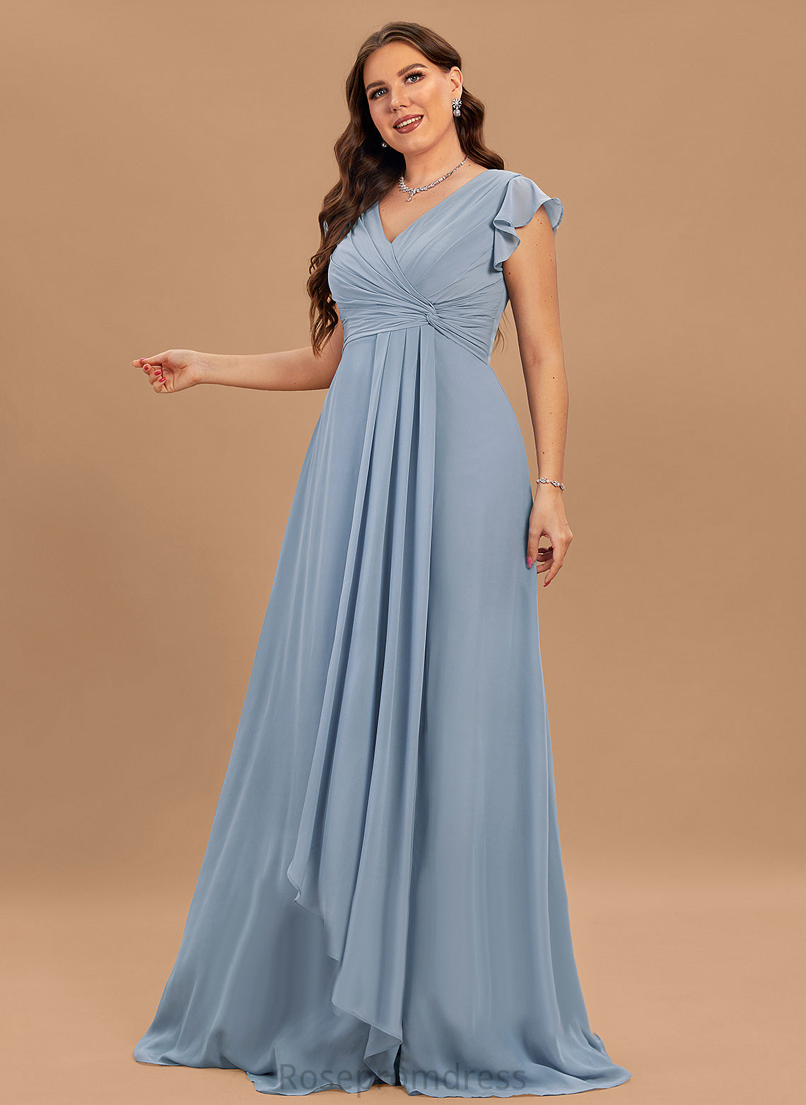 Silhouette Ruffle Fabric A-Line Length Embellishment SplitFront V-neck Neckline Floor-Length Lexi Bridesmaid Dresses