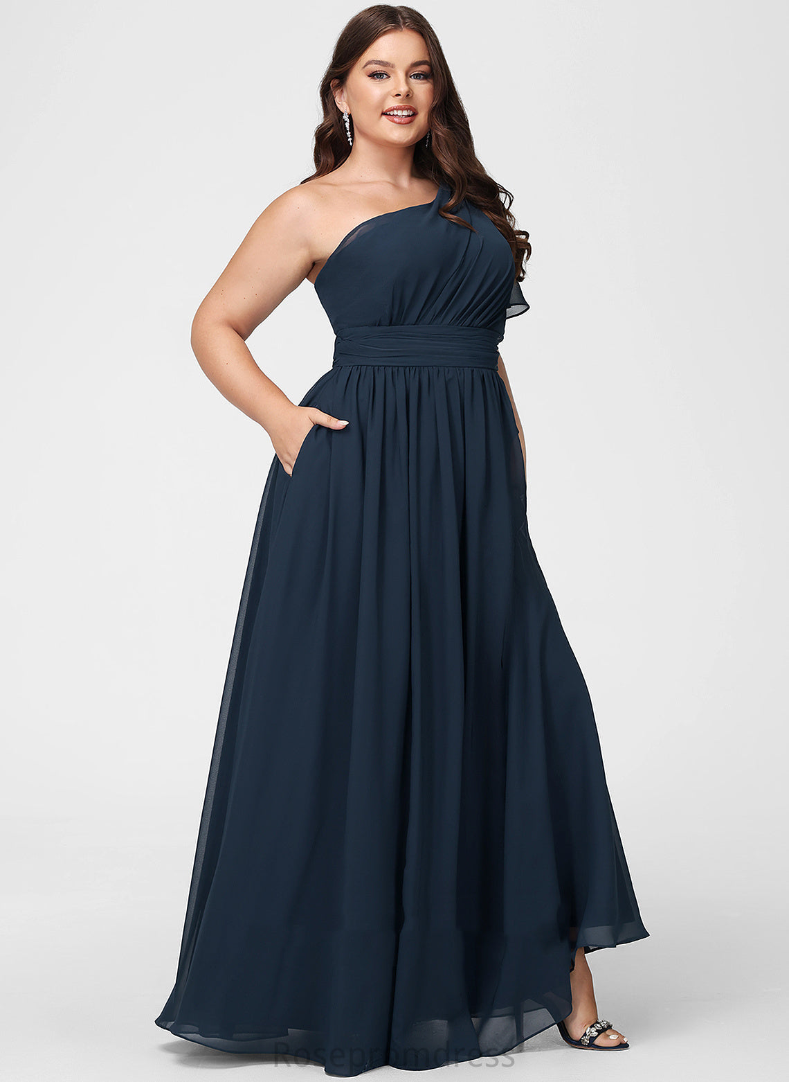 Fabric A-Line Length One-Shoulder Silhouette Ruffle Neckline Floor-Length Embellishment Rosalind Natural Waist Floor Length Bridesmaid Dresses