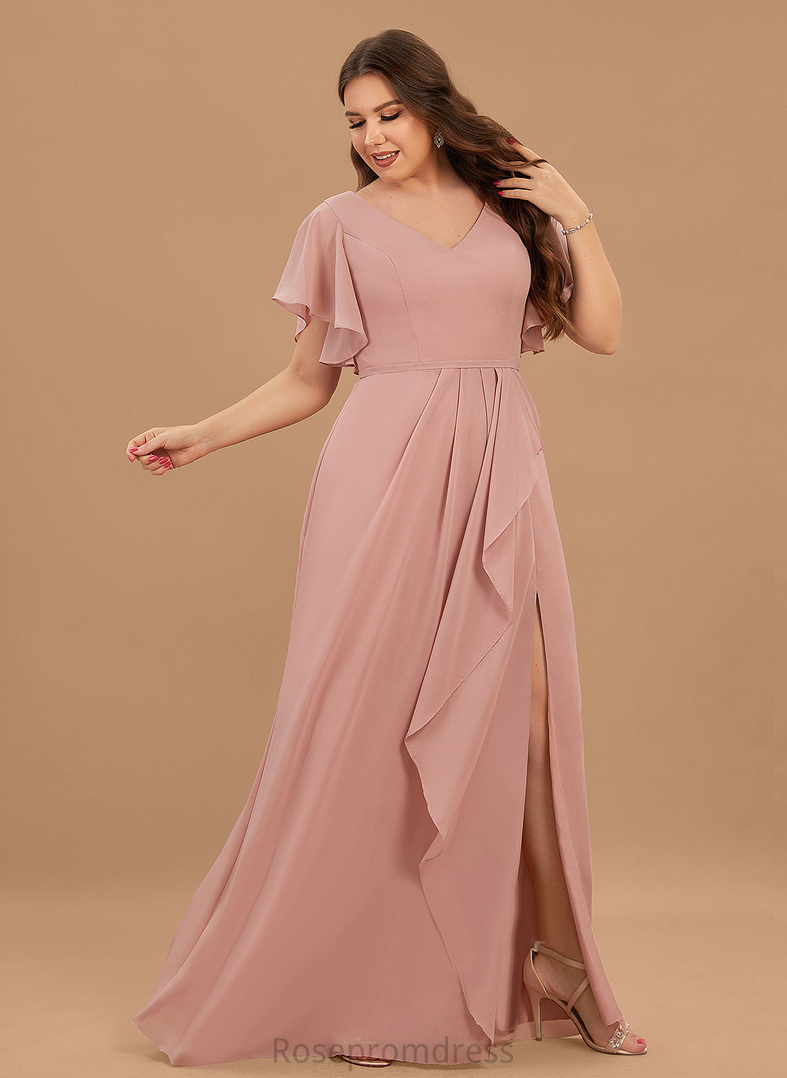 Floor-Length Ruffle Embellishment A-Line Length Silhouette Neckline SplitFront Fabric V-neck Cristal Floor Length Bridesmaid Dresses