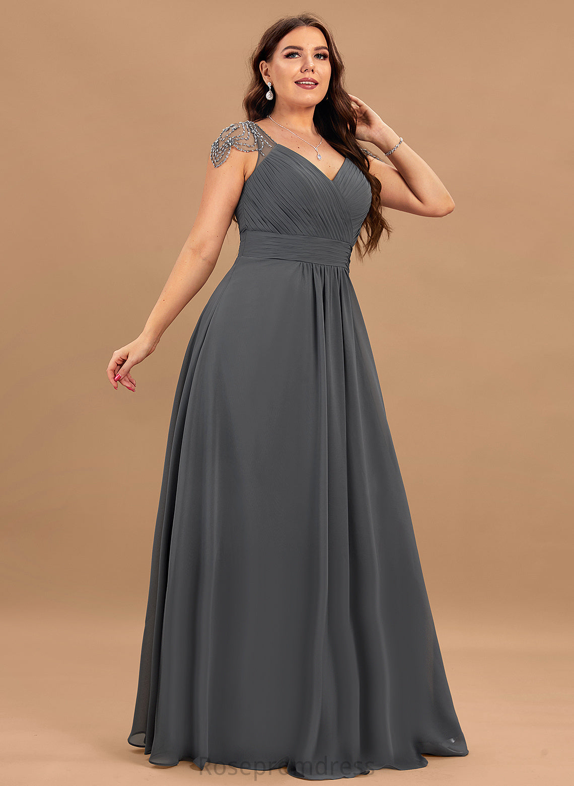 Pleated V-neck Fabric Floor-Length Sequins A-Line Beading Embellishment Length Neckline Silhouette Cassidy Bridesmaid Dresses