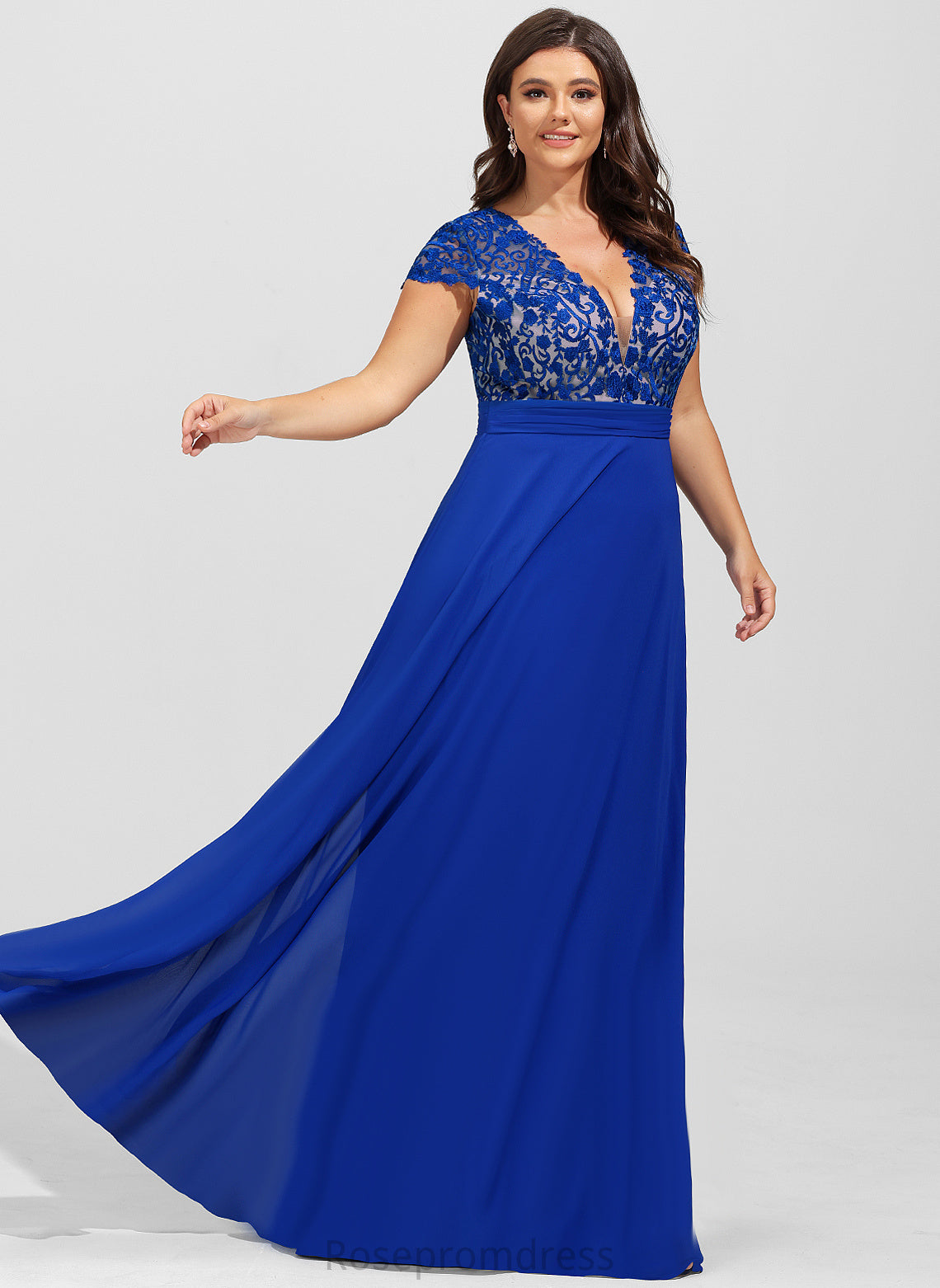 A-Line Lorna Ruffle With Floor-Length Chiffon V-neck Lace Prom Dresses