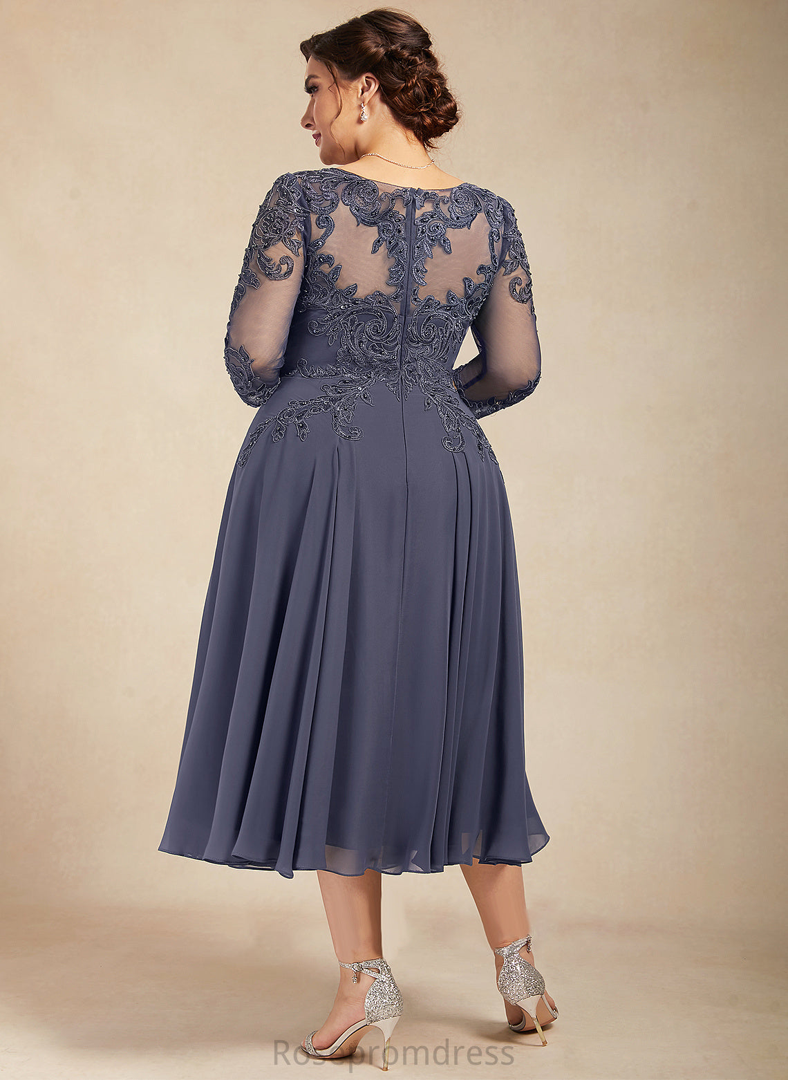 the Sequins Tea-Length Beading Mother Dress Lace Neck With A-Line of Mother of the Bride Dresses Annika Chiffon Bride Scoop