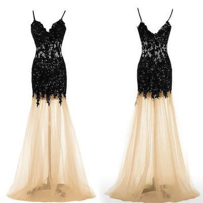 Black Lace Mermaid Unique Sweetheart Spaghetti Straps Tulle Sexy Prom Dresses RS988