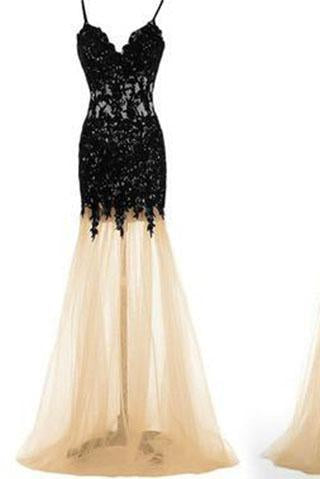 Black Lace Mermaid Unique Sweetheart Spaghetti Straps Tulle Sexy Prom Dresses RS988