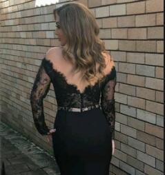 2024 New Style Mermaid Long Sleeves Black Lace Scoop Long Evening Dresses RS762