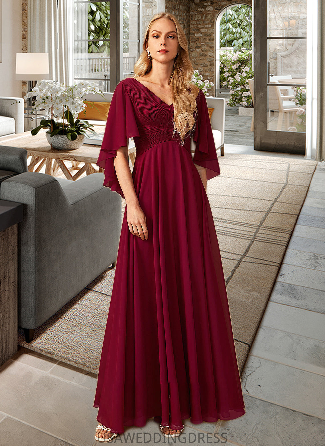 Leilani A-Line V-neck Floor-Length Bridesmaid Dress With Ruffle DSP0012769