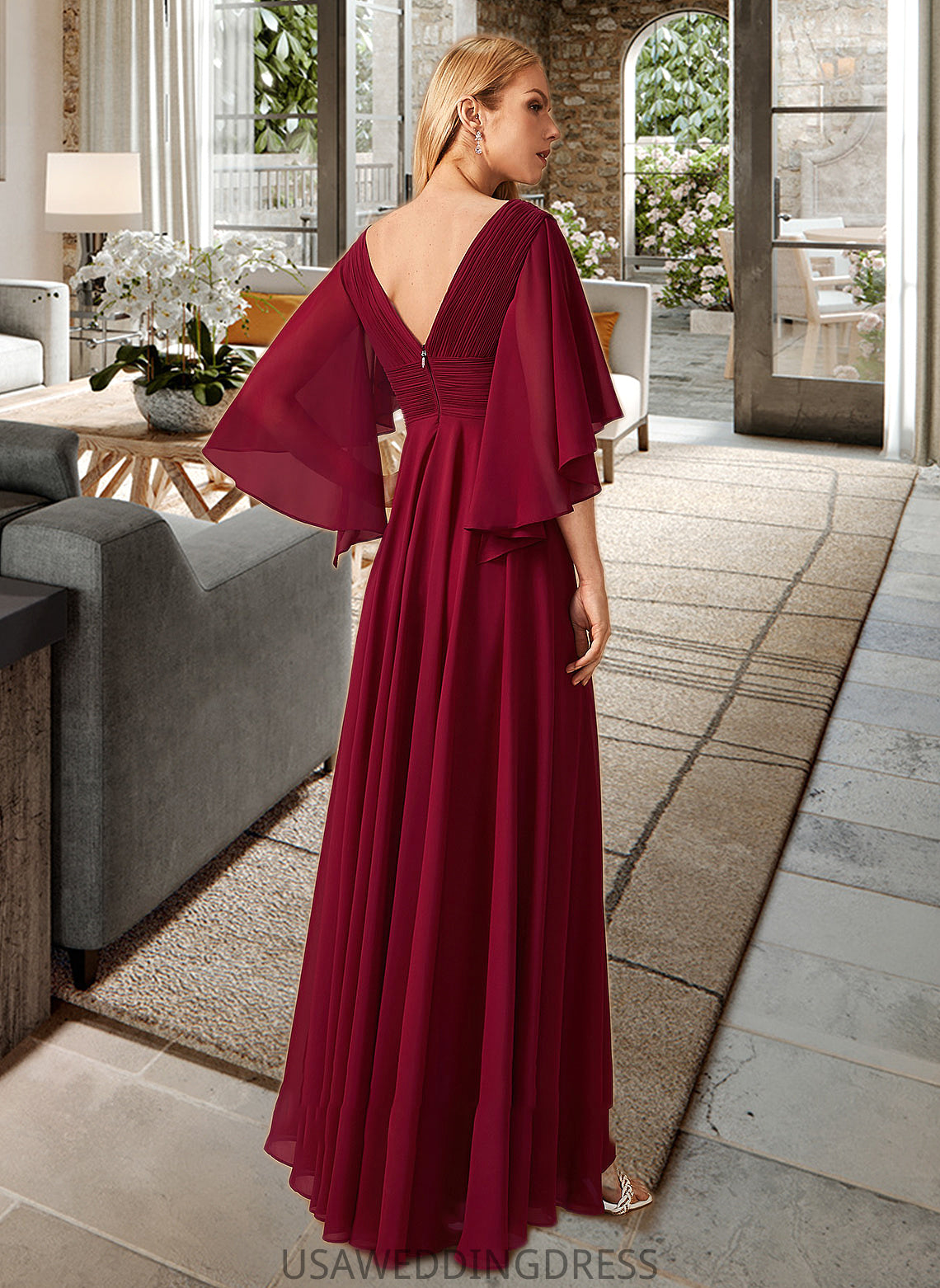 Leilani A-Line V-neck Floor-Length Bridesmaid Dress With Ruffle DSP0012769