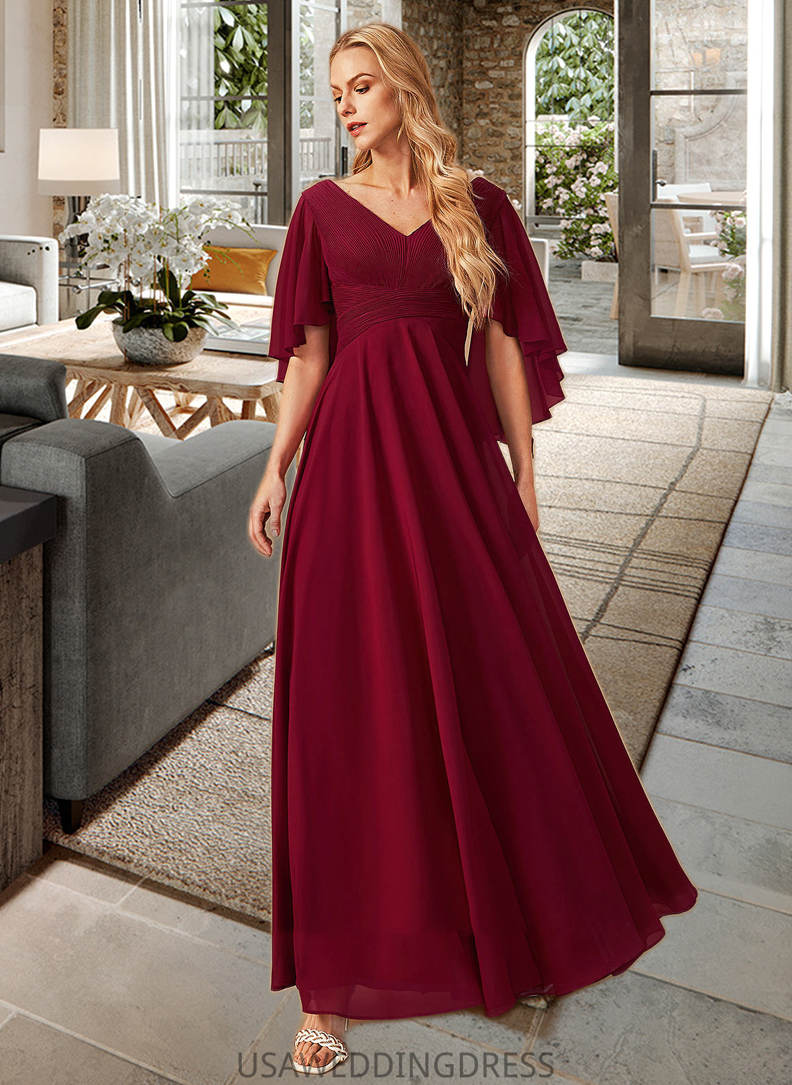 Leilani A-Line V-neck Floor-Length Bridesmaid Dress With Ruffle DSP0012769