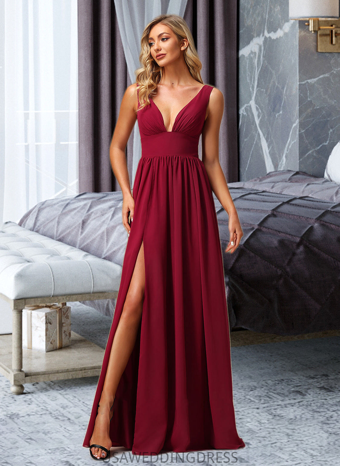 Daniella A-Line V-neck Floor-Length Bridesmaid Dress With Split Front DSP0012771