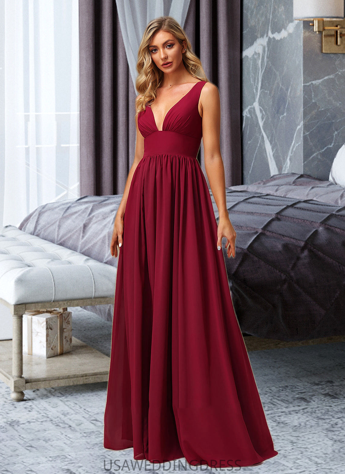 Daniella A-Line V-neck Floor-Length Bridesmaid Dress With Split Front DSP0012771