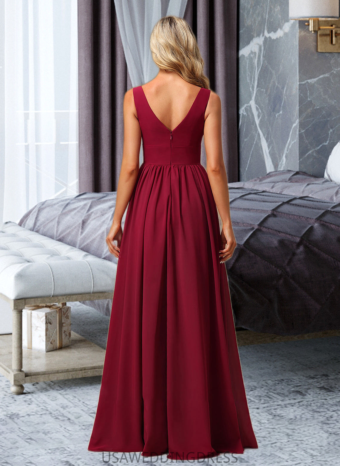 Daniella A-Line V-neck Floor-Length Bridesmaid Dress With Split Front DSP0012771