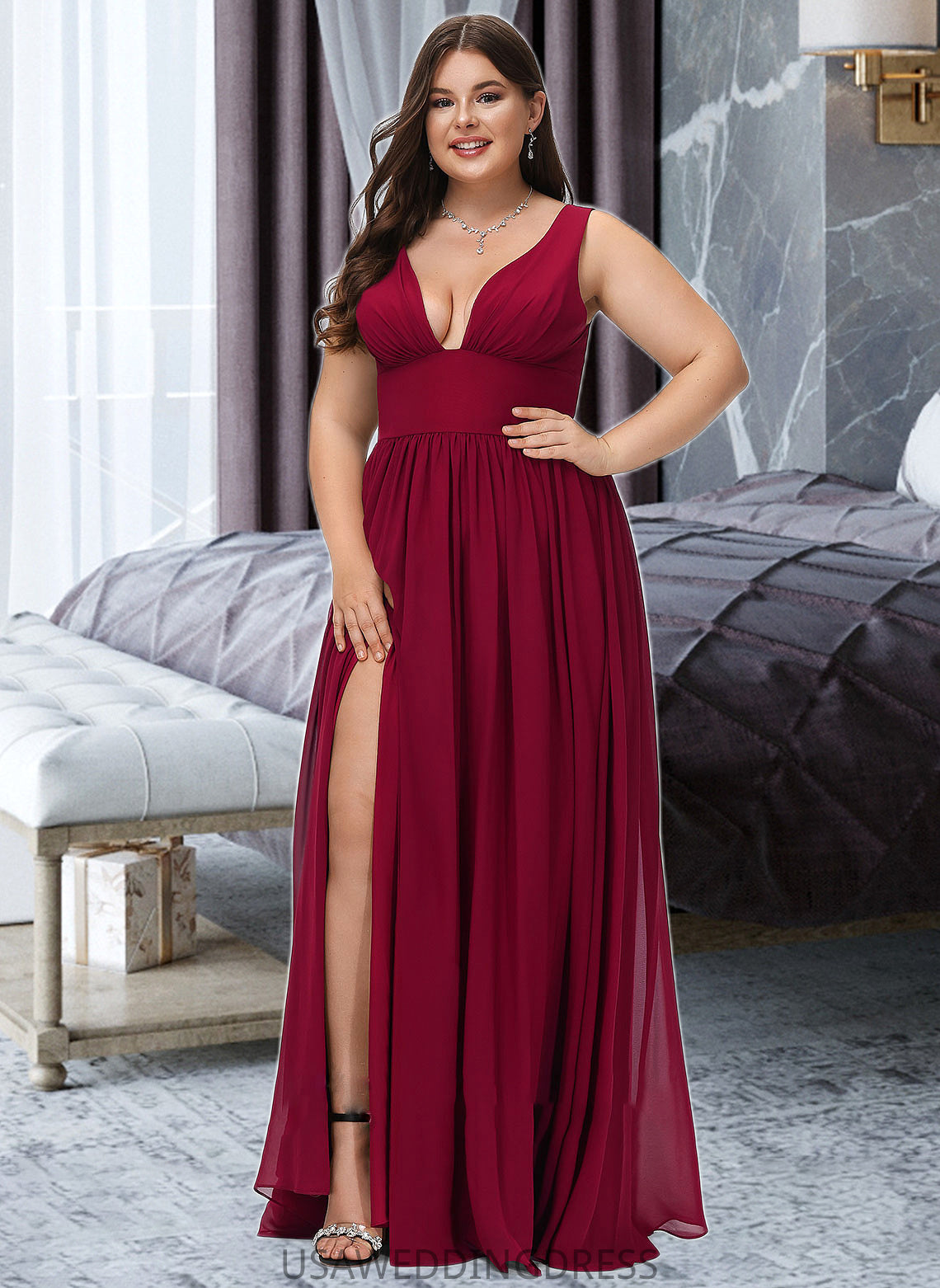 Daniella A-Line V-neck Floor-Length Bridesmaid Dress With Split Front DSP0012771