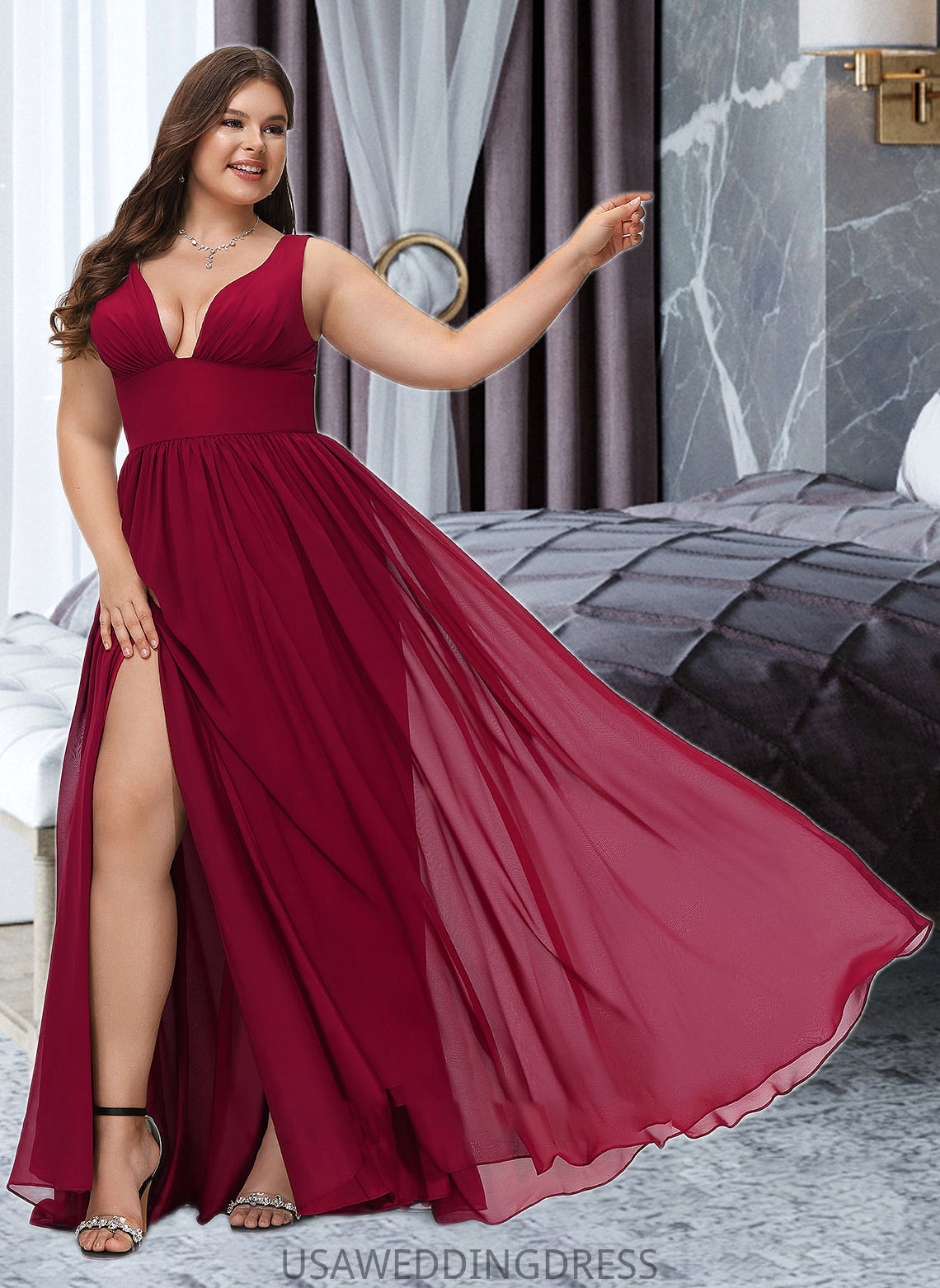 Daniella A-Line V-neck Floor-Length Bridesmaid Dress With Split Front DSP0012771