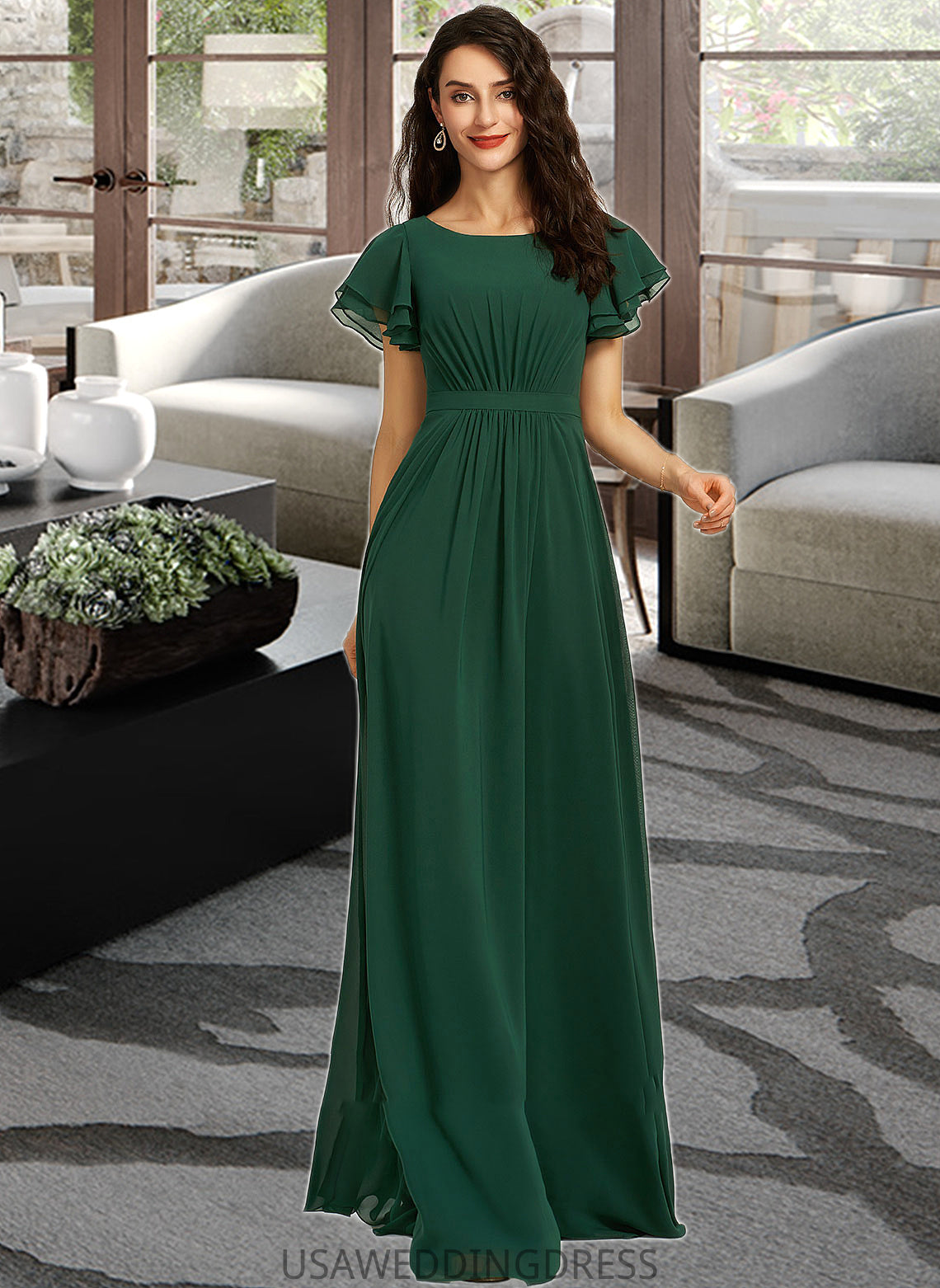 Annalise A-Line Scoop Neck Floor-Length Bridesmaid Dress With Ruffle DSP0012773