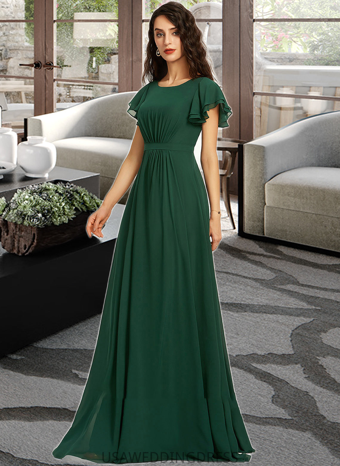 Annalise A-Line Scoop Neck Floor-Length Bridesmaid Dress With Ruffle DSP0012773