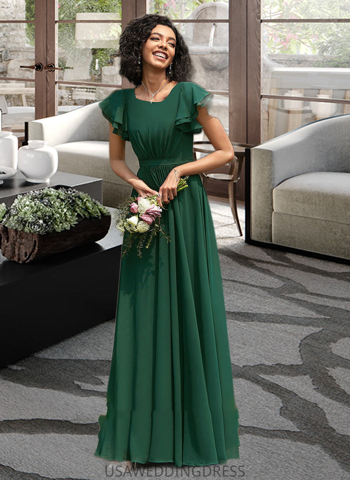 Annalise A-Line Scoop Neck Floor-Length Bridesmaid Dress With Ruffle DSP0012773