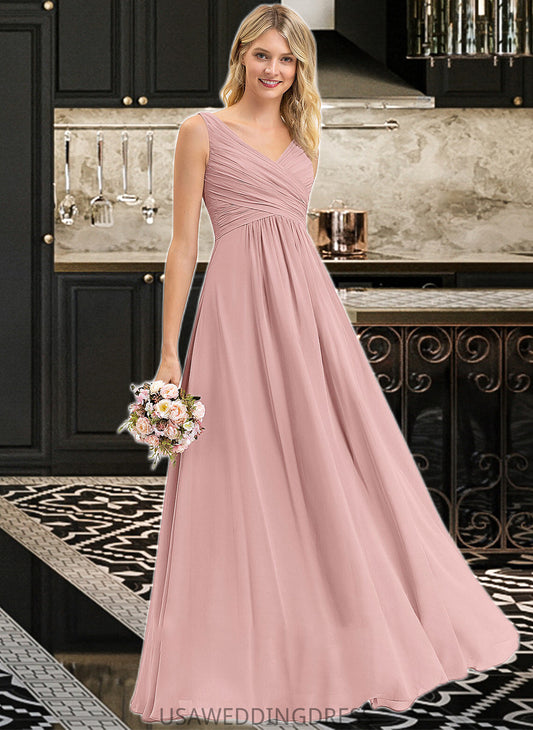 Penelope A-Line V-neck Floor-Length Chiffon Bridesmaid Dress With Ruffle DSP0012774