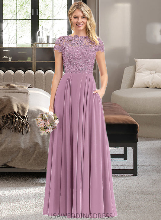 Amelie A-Line Scoop Neck Floor-Length Chiffon Lace Bridesmaid Dress With Pockets DSP0012776