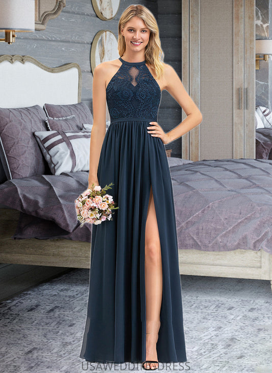 Joslyn A-Line Scoop Neck Floor-Length Chiffon Lace Bridesmaid Dress With Split Front DSP0012778