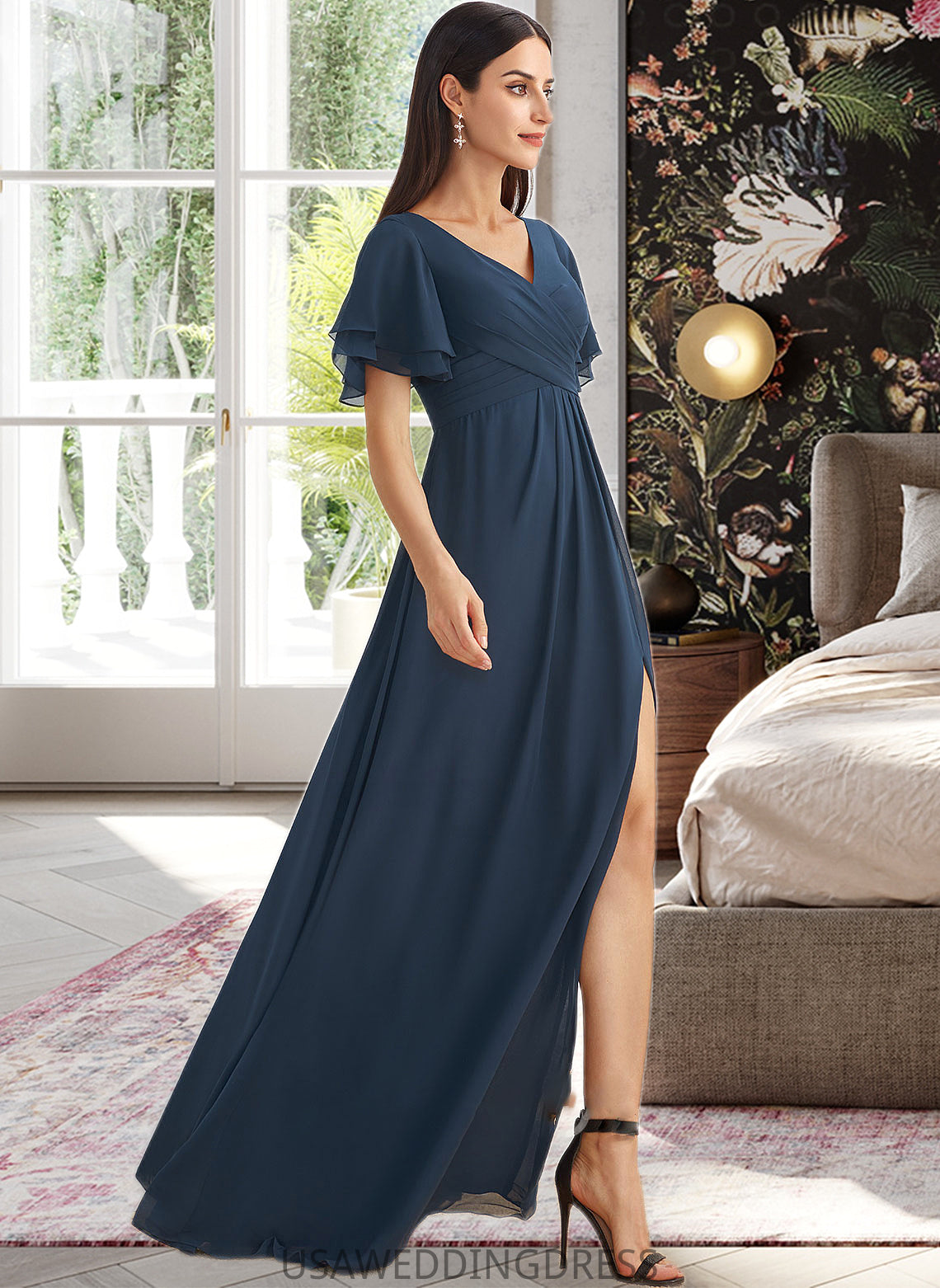 Destiney A-Line V-neck Floor-Length Bridesmaid Dress With Split Front DSP0012781