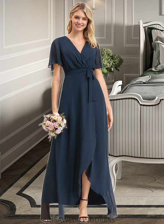 Isla A-Line V-neck Asymmetrical Chiffon Bridesmaid Dress With Bow(s) DSP0012783