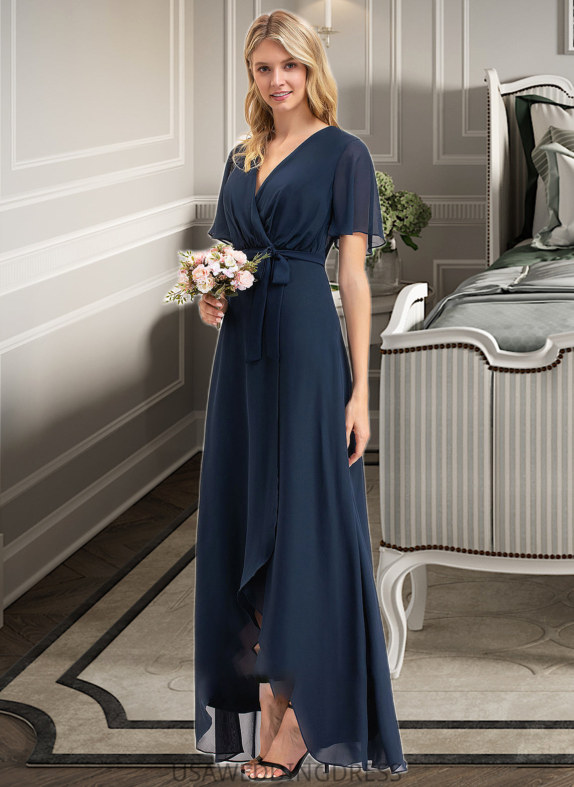 Isla A-Line V-neck Asymmetrical Chiffon Bridesmaid Dress With Bow(s) DSP0012783