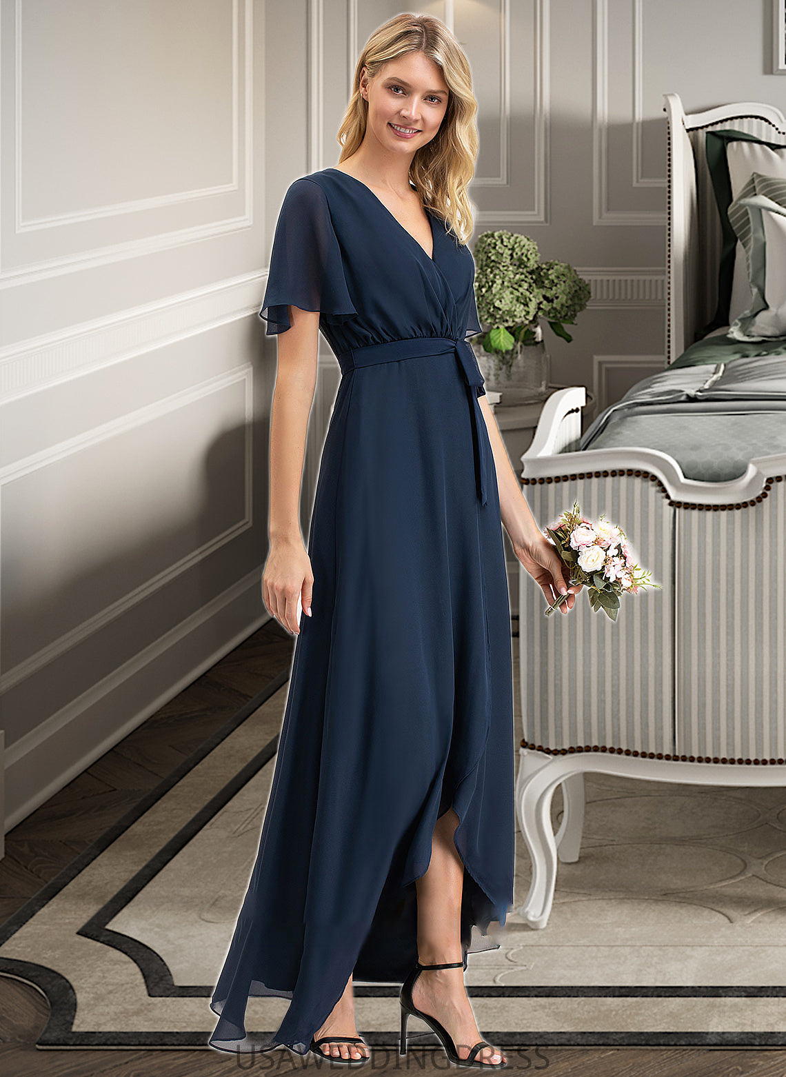 Isla A-Line V-neck Asymmetrical Chiffon Bridesmaid Dress With Bow(s) DSP0012783