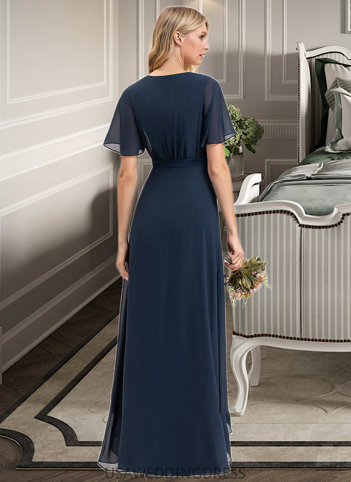 Isla A-Line V-neck Asymmetrical Chiffon Bridesmaid Dress With Bow(s) DSP0012783