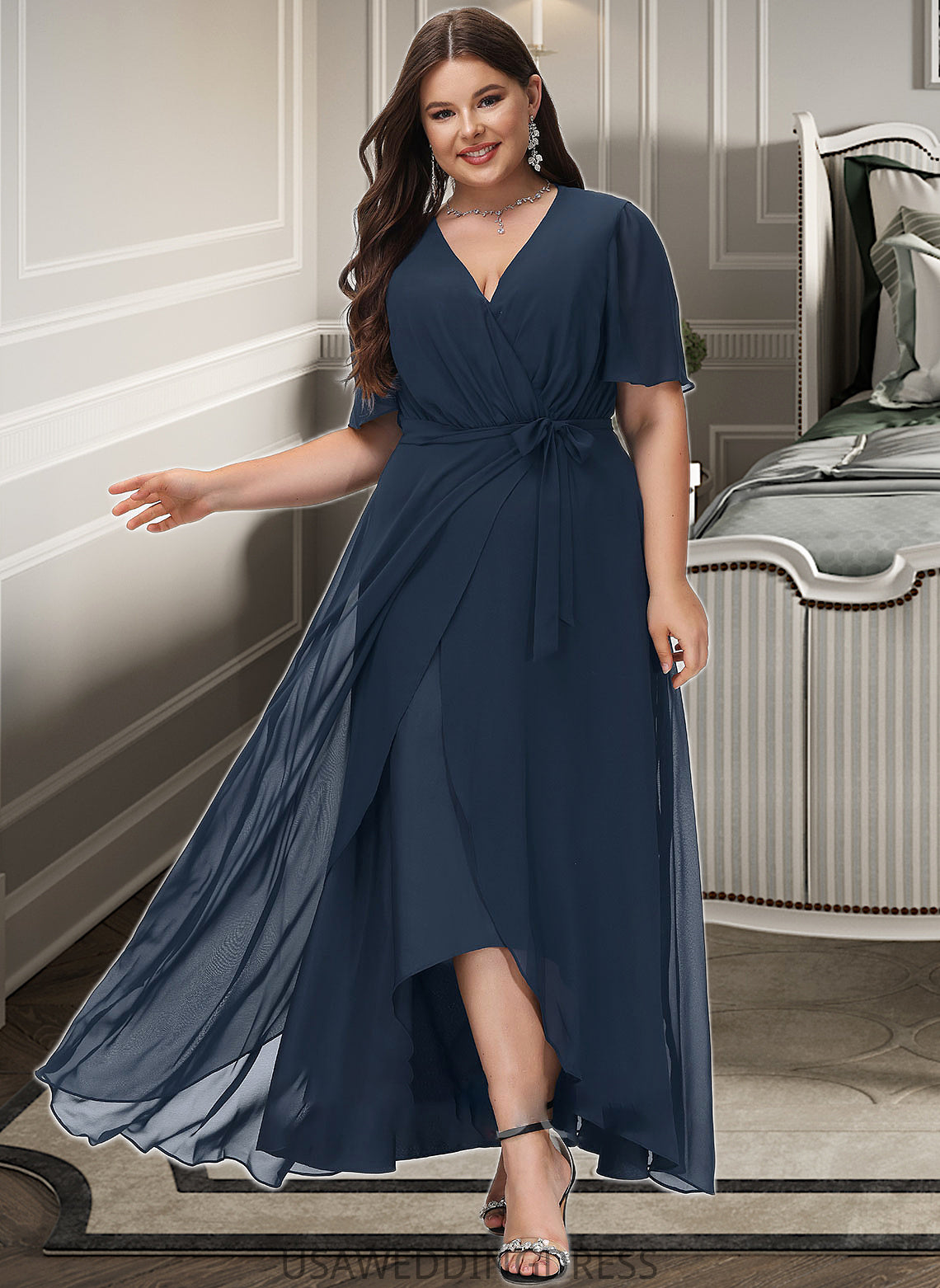 Isla A-Line V-neck Asymmetrical Chiffon Bridesmaid Dress With Bow(s) DSP0012783