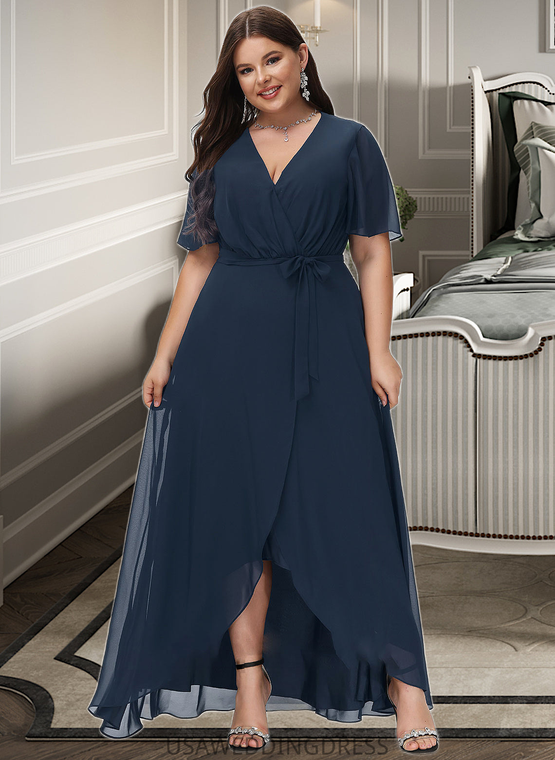 Isla A-Line V-neck Asymmetrical Chiffon Bridesmaid Dress With Bow(s) DSP0012783