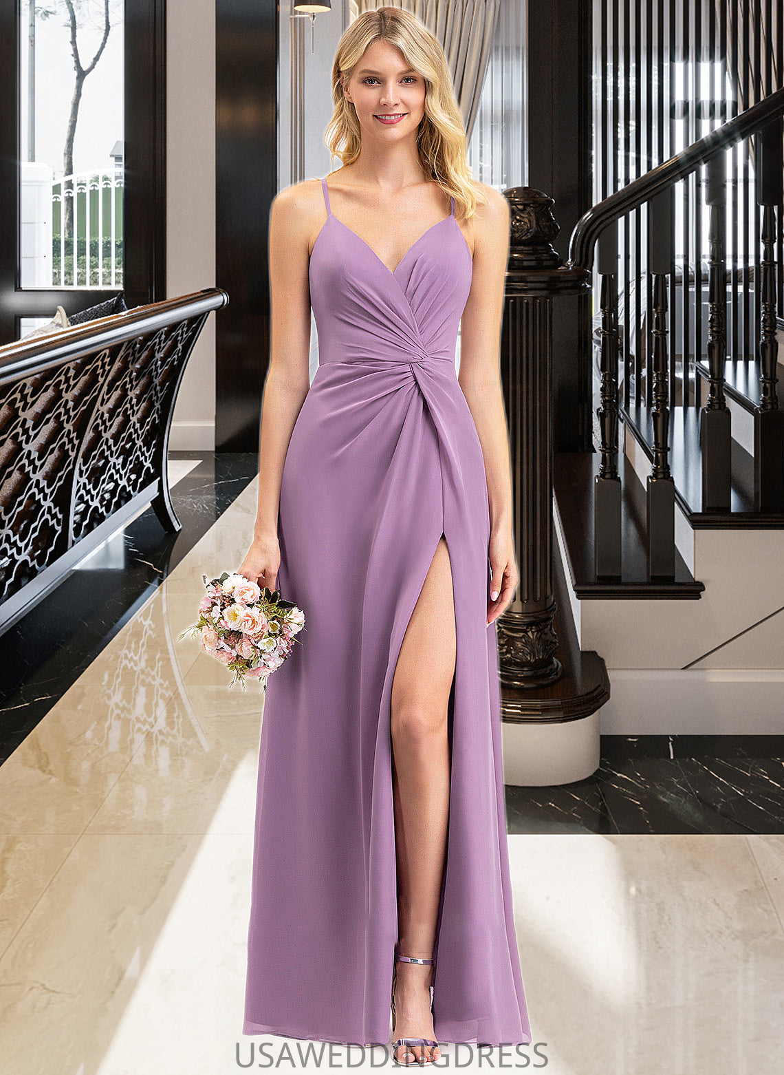 Jaylen A-Line V-neck Floor-Length Chiffon Bridesmaid Dress With Ruffle Split Front DSP0012784