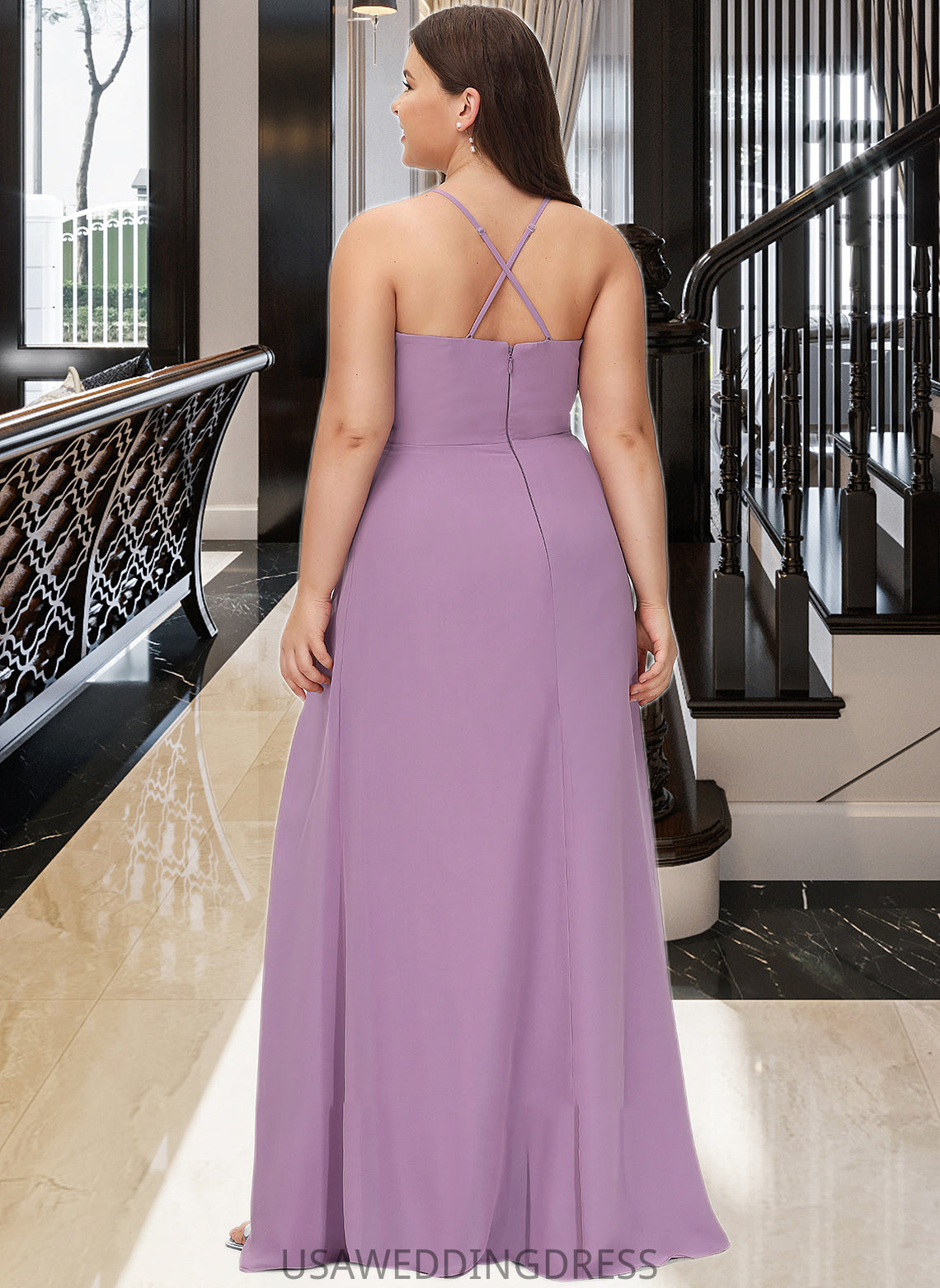 Jaylen A-Line V-neck Floor-Length Chiffon Bridesmaid Dress With Ruffle Split Front DSP0012784