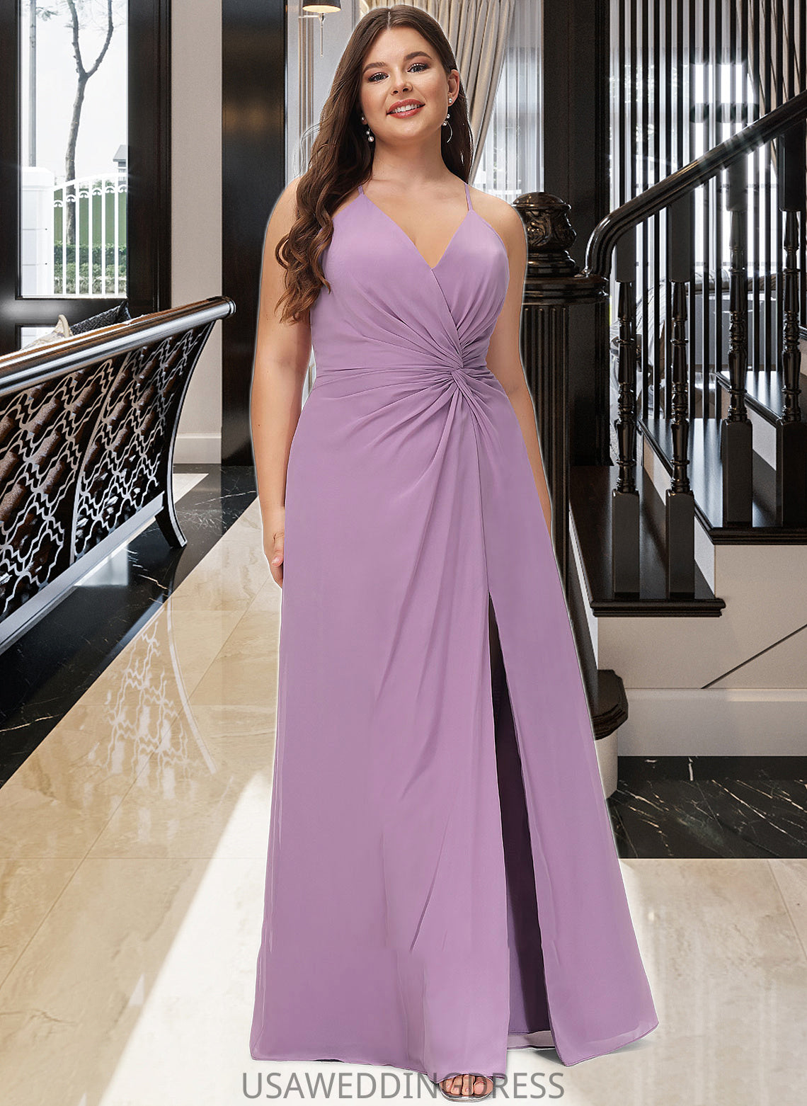 Jaylen A-Line V-neck Floor-Length Chiffon Bridesmaid Dress With Ruffle Split Front DSP0012784