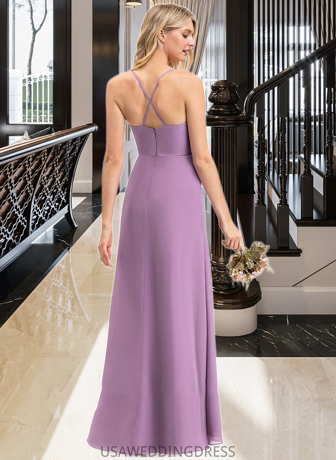 Jaylen A-Line V-neck Floor-Length Chiffon Bridesmaid Dress With Ruffle Split Front DSP0012784