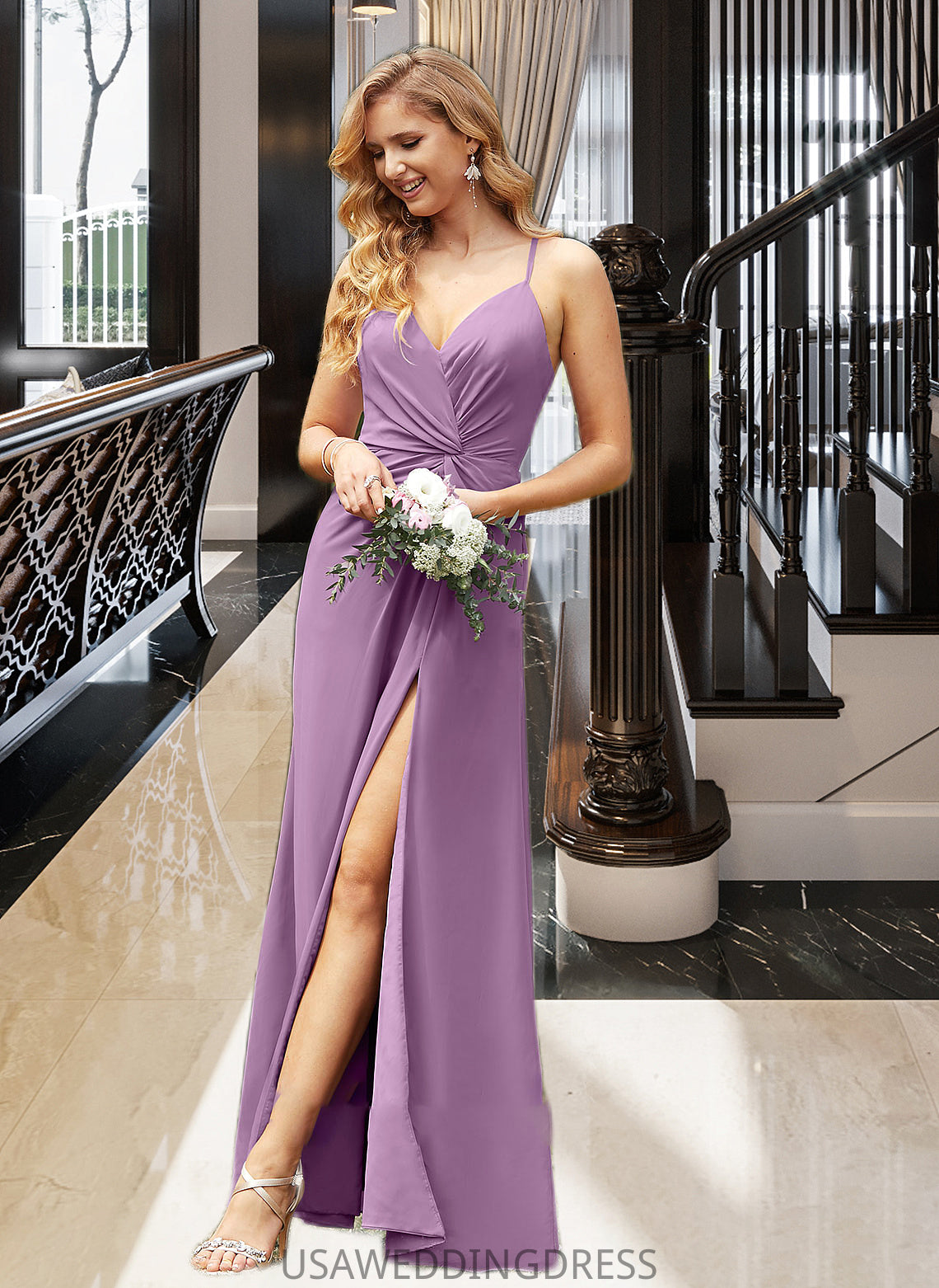 Jaylen A-Line V-neck Floor-Length Chiffon Bridesmaid Dress With Ruffle Split Front DSP0012784