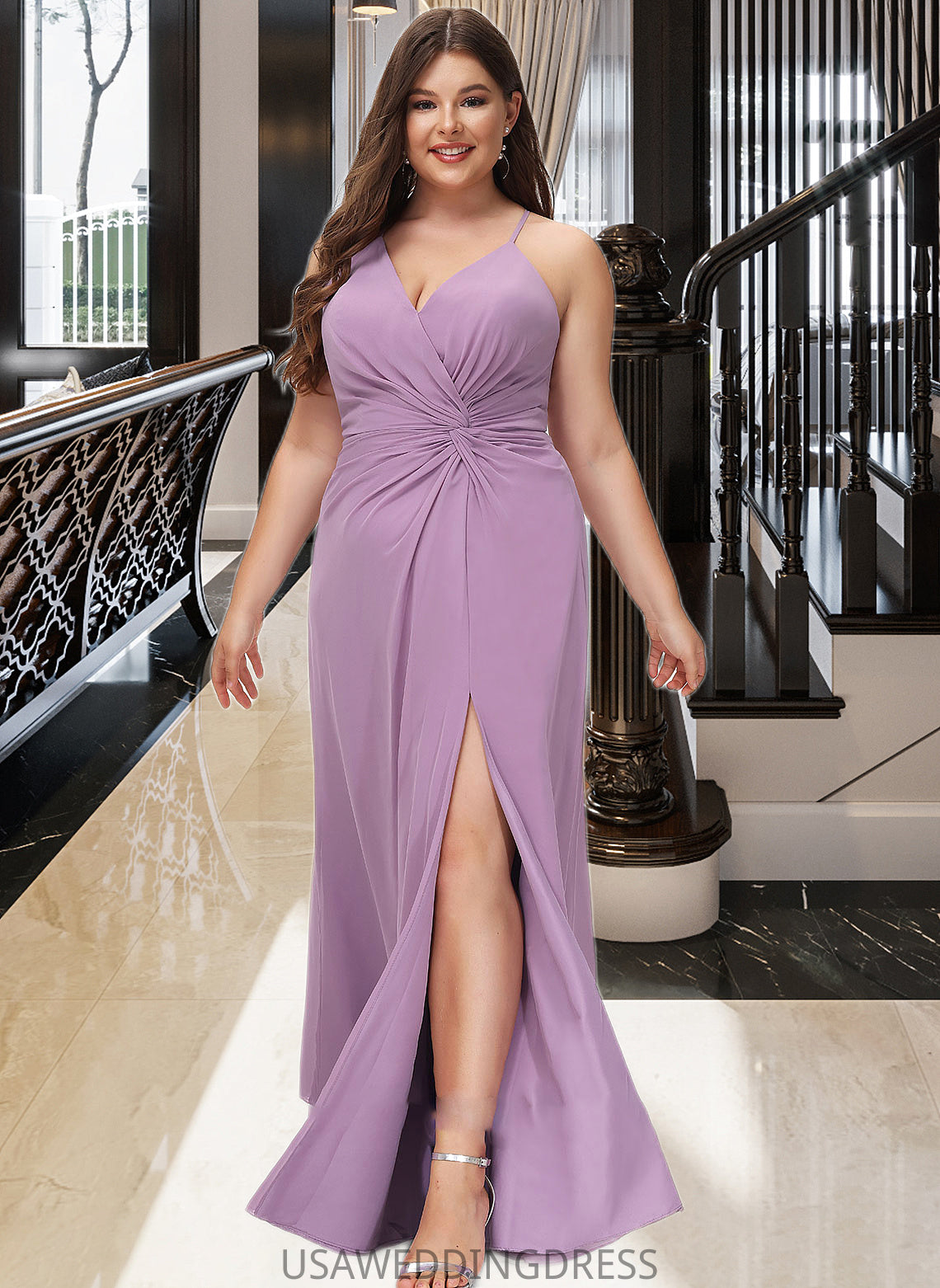 Jaylen A-Line V-neck Floor-Length Chiffon Bridesmaid Dress With Ruffle Split Front DSP0012784