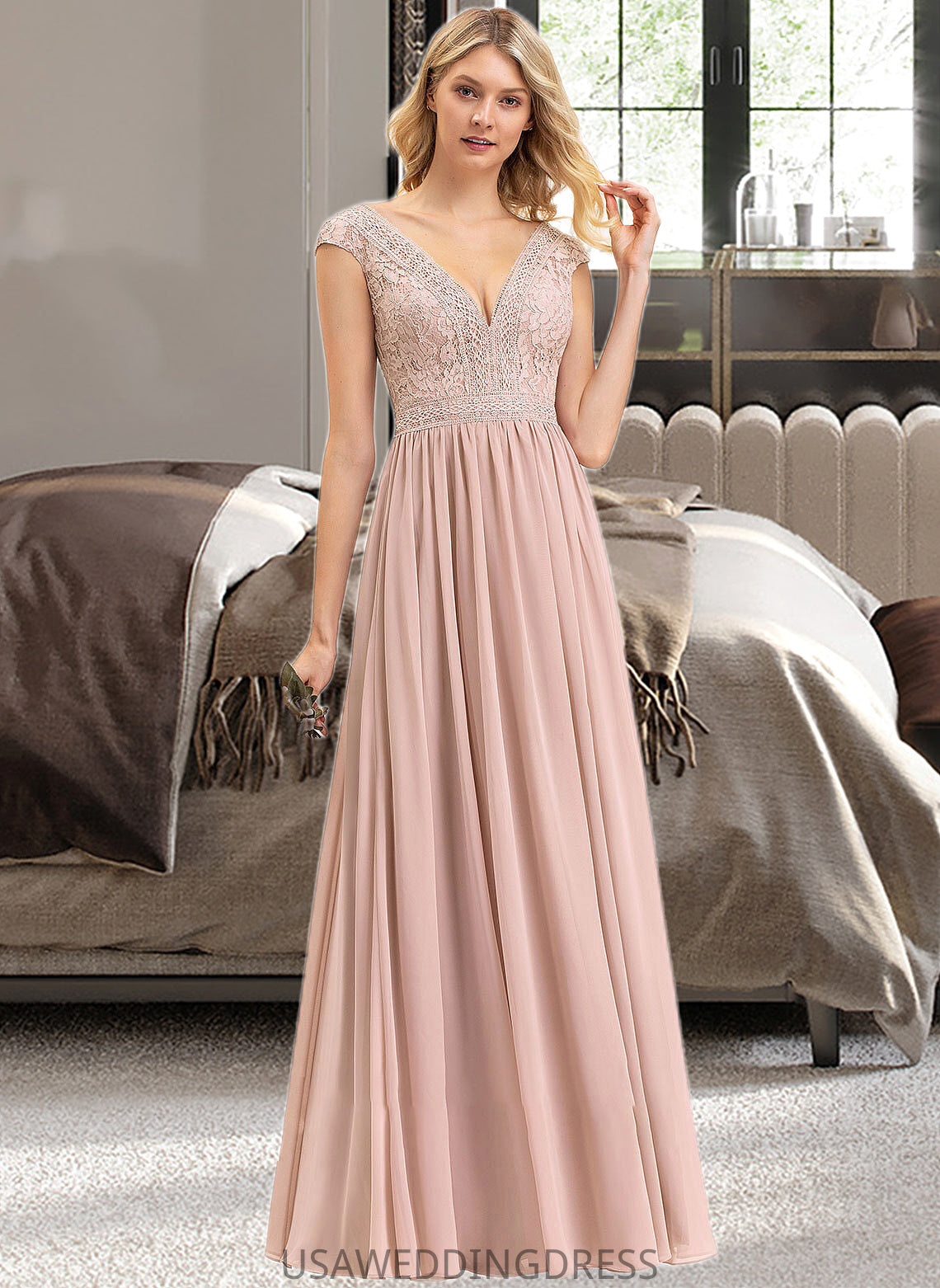 Lucille A-line V-Neck Floor-Length Chiffon Lace Bridesmaid Dress DSP0012786