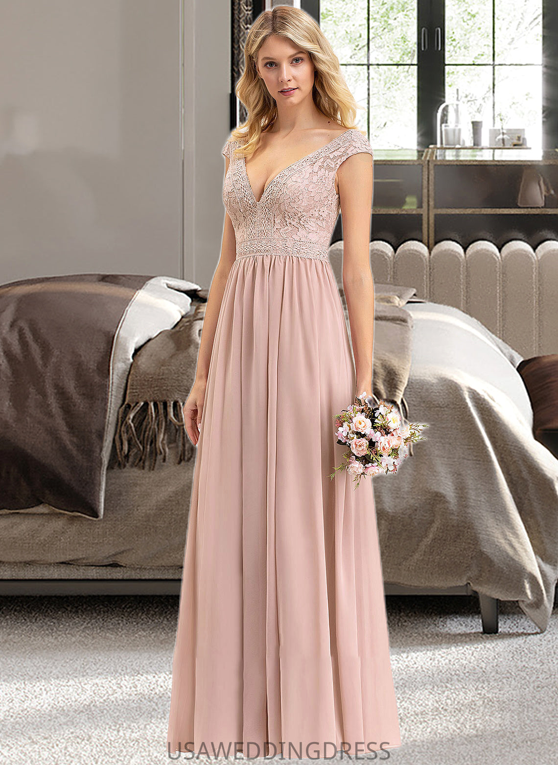 Lucille A-line V-Neck Floor-Length Chiffon Lace Bridesmaid Dress DSP0012786